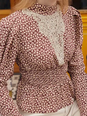 ??Flash Sale??Scarlett Maple Leaf Print Waist-Cinching Lace Contrast Blouse Durable Reinforced Elbows