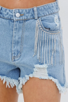 Reflective Safety Detailing Flex Waist System Presley Rhinestone Denim Shorts- Denim
