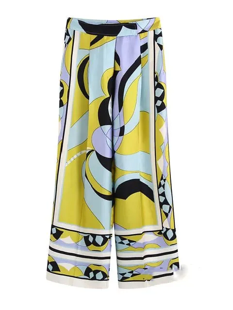 Print 2Pc Matching Sets Vintage Geometric Print Women Suits Long Sleeve Bow Tie Loose Shirts High Waist Wide Leg