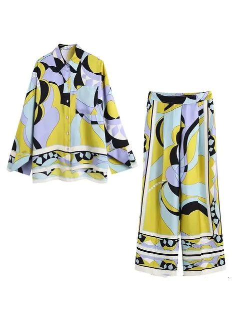 Print 2Pc Matching Sets Vintage Geometric Print Women Suits Long Sleeve Bow Tie Loose Shirts High Waist Wide Leg