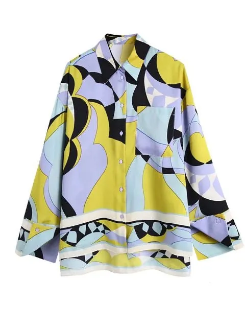 Print 2Pc Matching Sets Vintage Geometric Print Women Suits Long Sleeve Bow Tie Loose Shirts High Waist Wide Leg