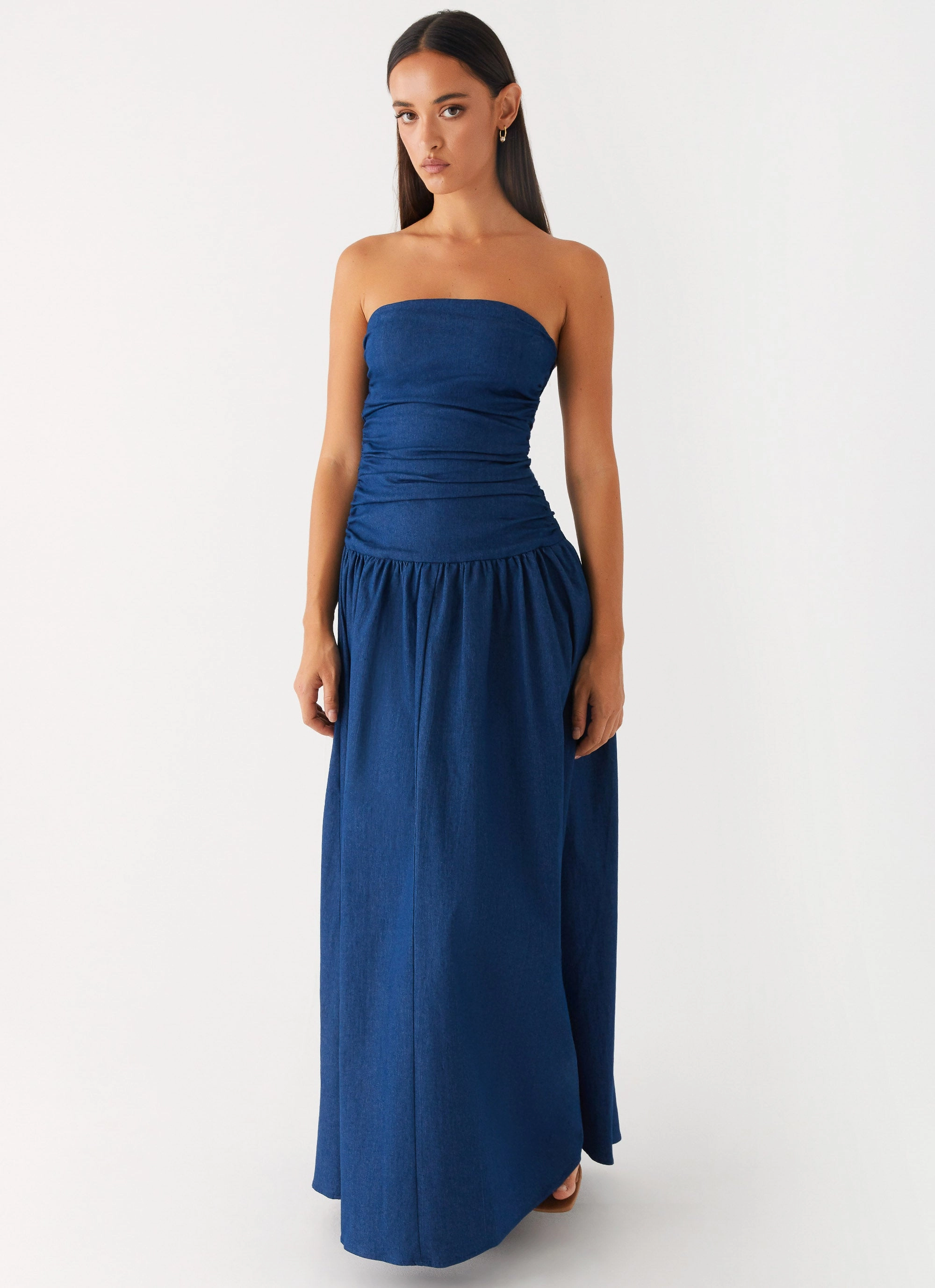 Tiered Skirt Bright Colors Carmel Denim Maxi Dress - Indigo