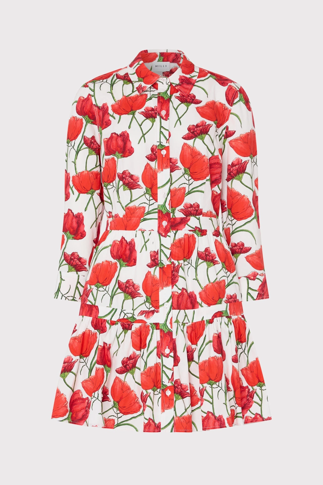 Priscilla Red Peonia Poplin Shirt Dress Pleated design Trendy Look