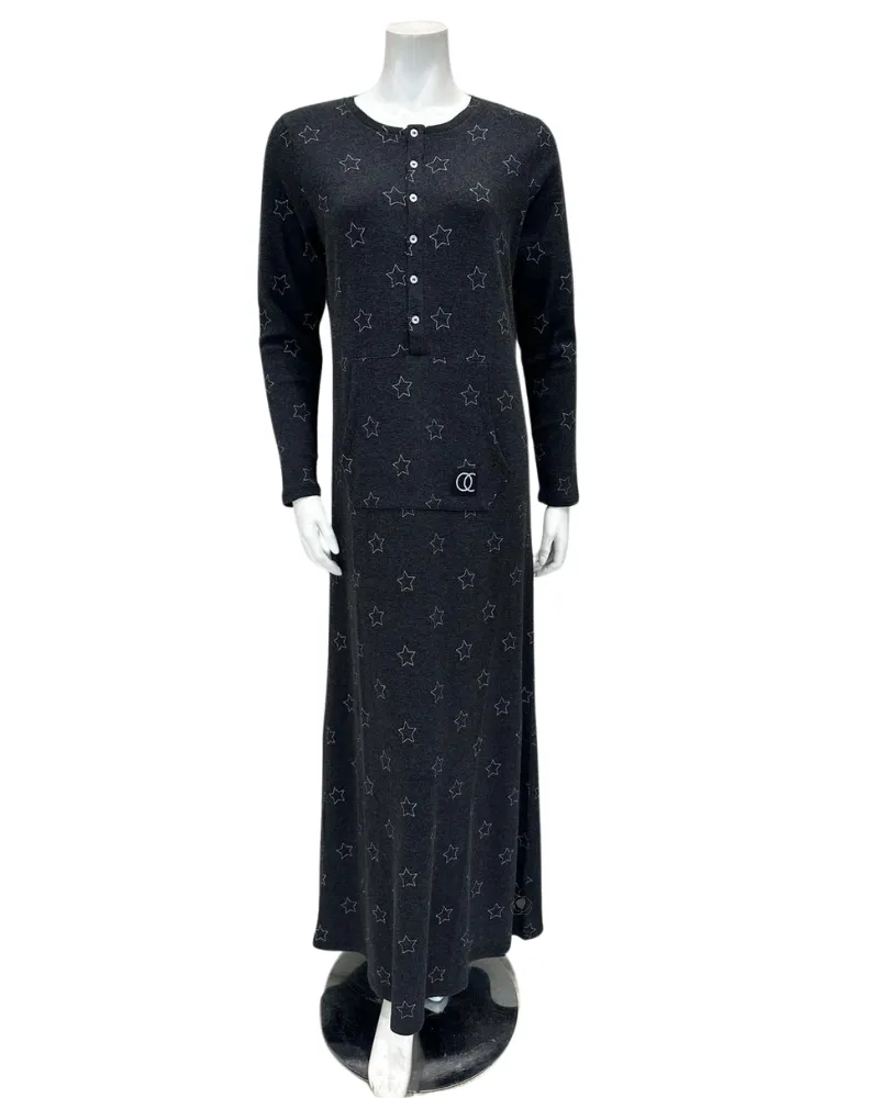 PRO247011 Grey Stars Waffle Button Down Nightgown