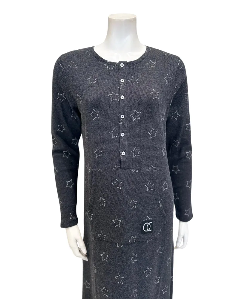 PRO247011 Grey Stars Waffle Button Down Nightgown