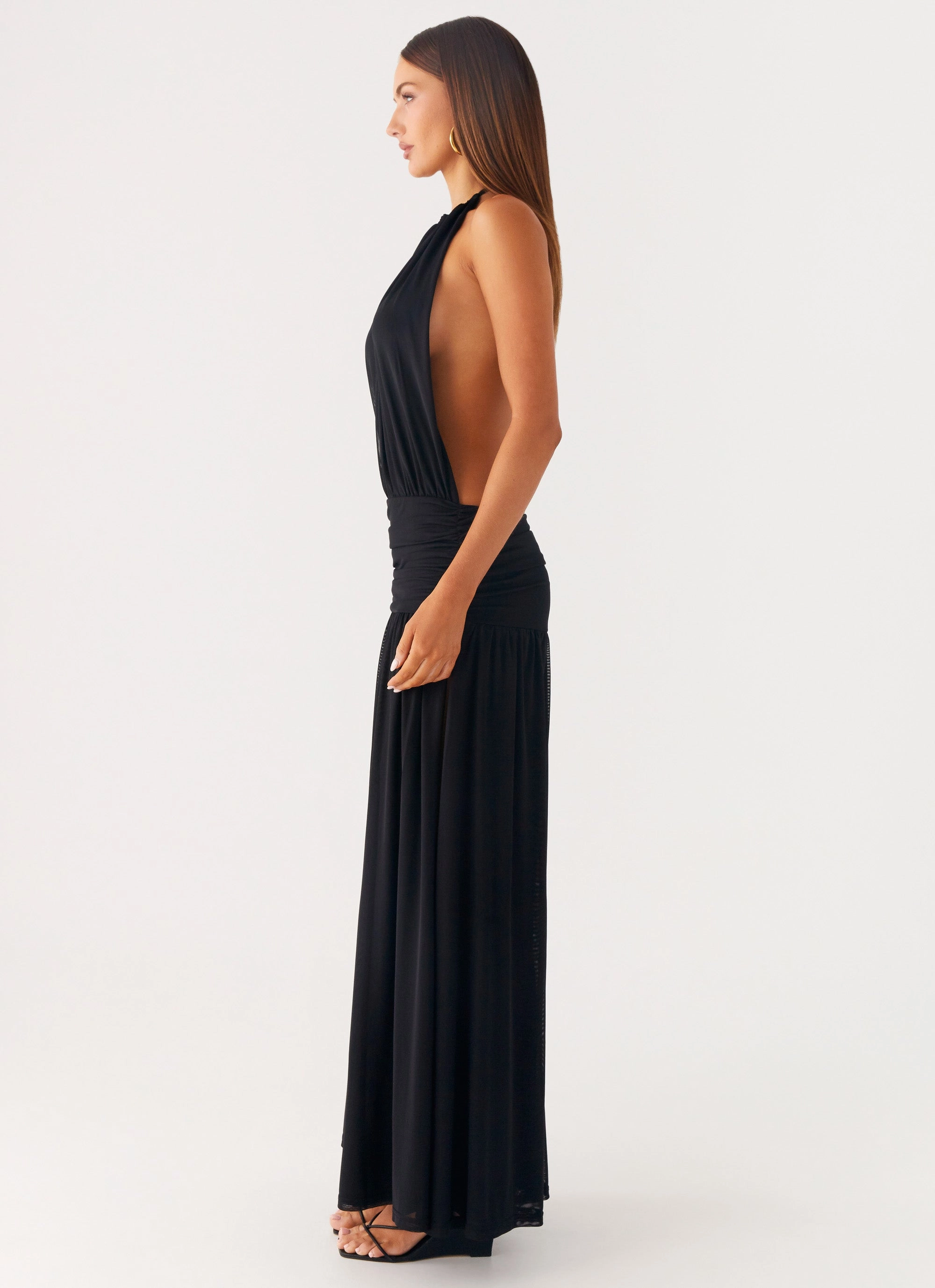 Ruched-Detail Solena Halter Neck Maxi Dress - Black