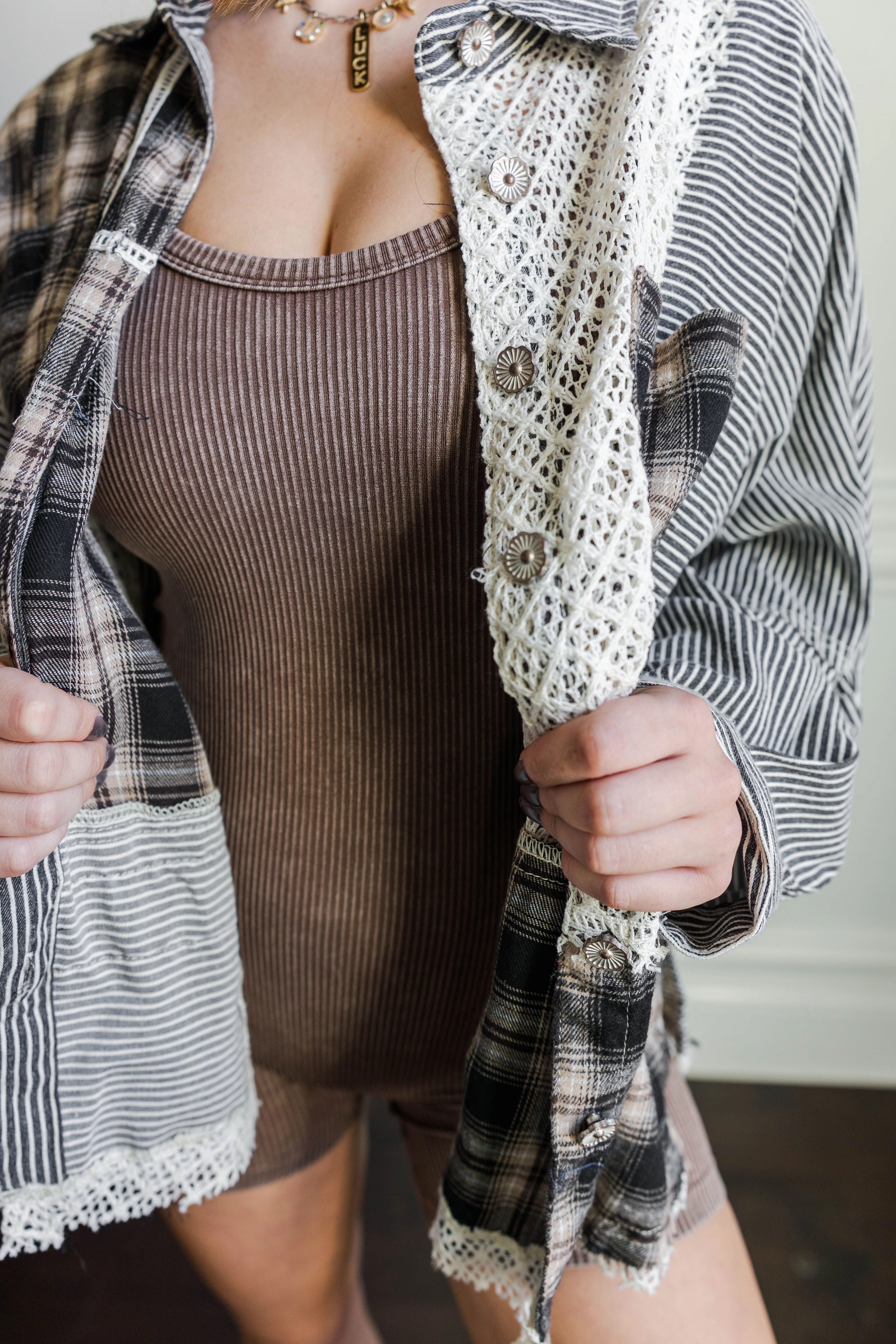 Mystic Stripe Plaid Shacket Matte Surface Texture Breezy Layer Option