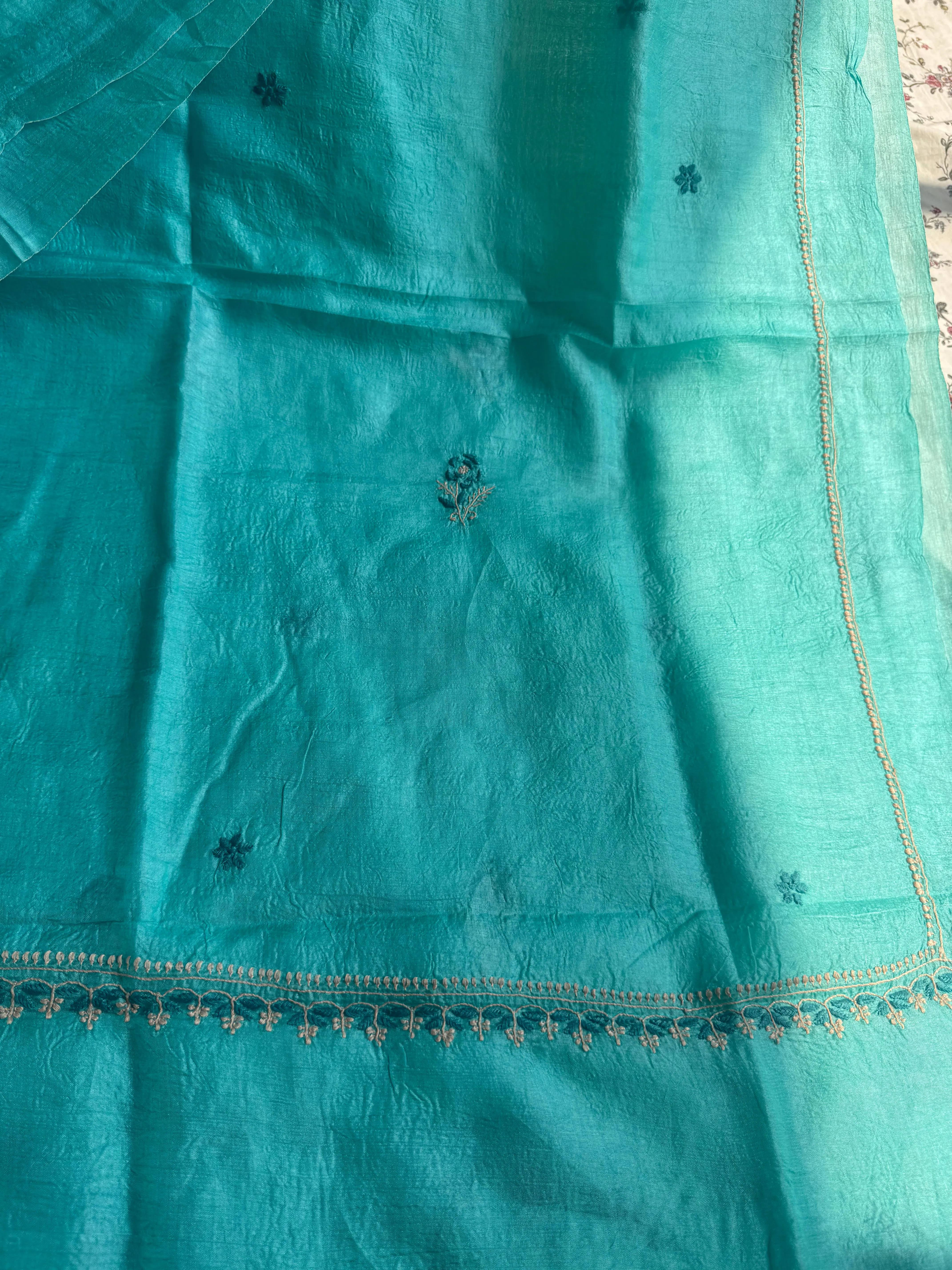Pure Tussar Silk Chikankari Length with Dupatta -  Blue Multi Thread