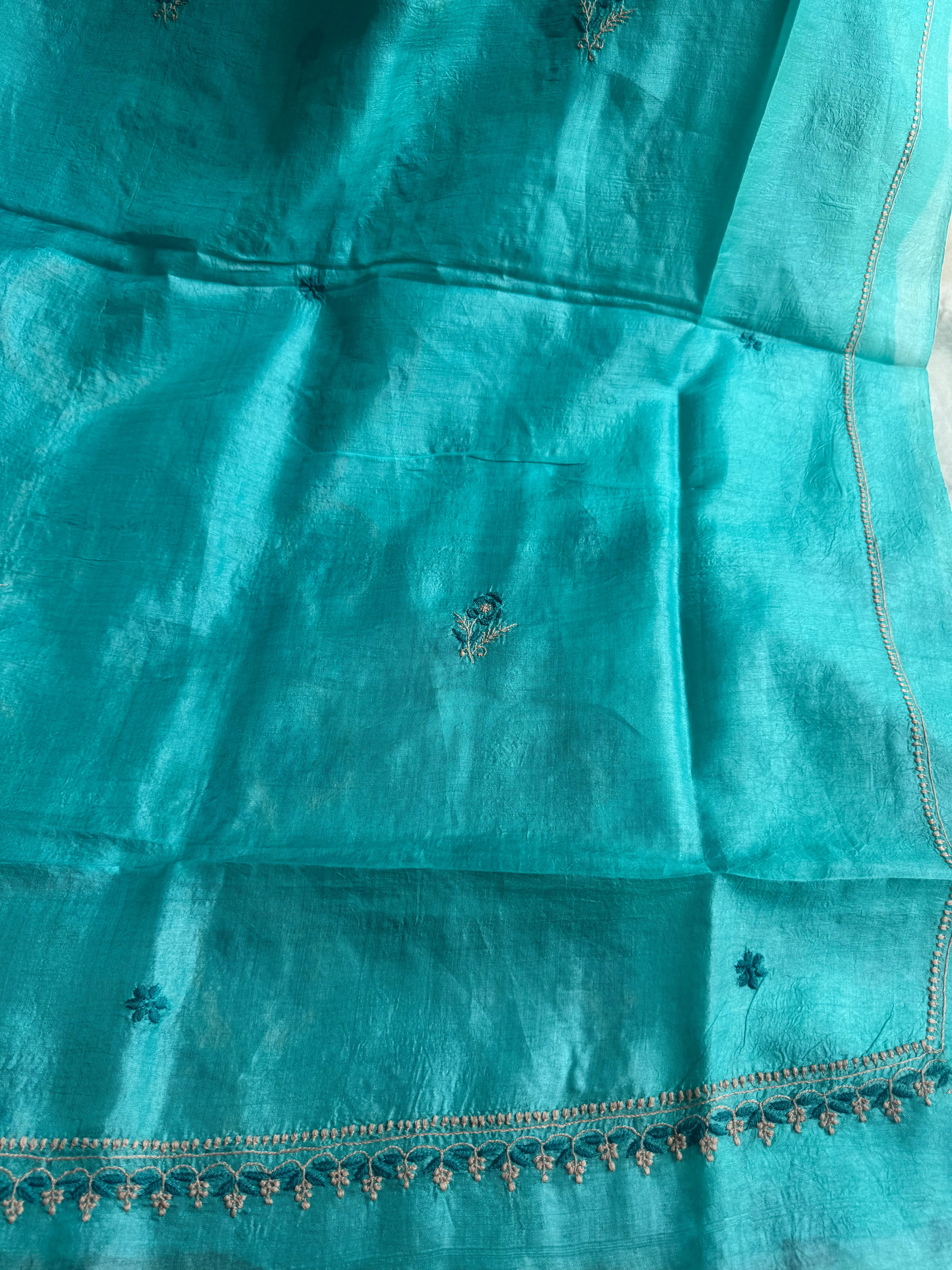 Pure Tussar Silk Chikankari Length with Dupatta -  Blue Multi Thread