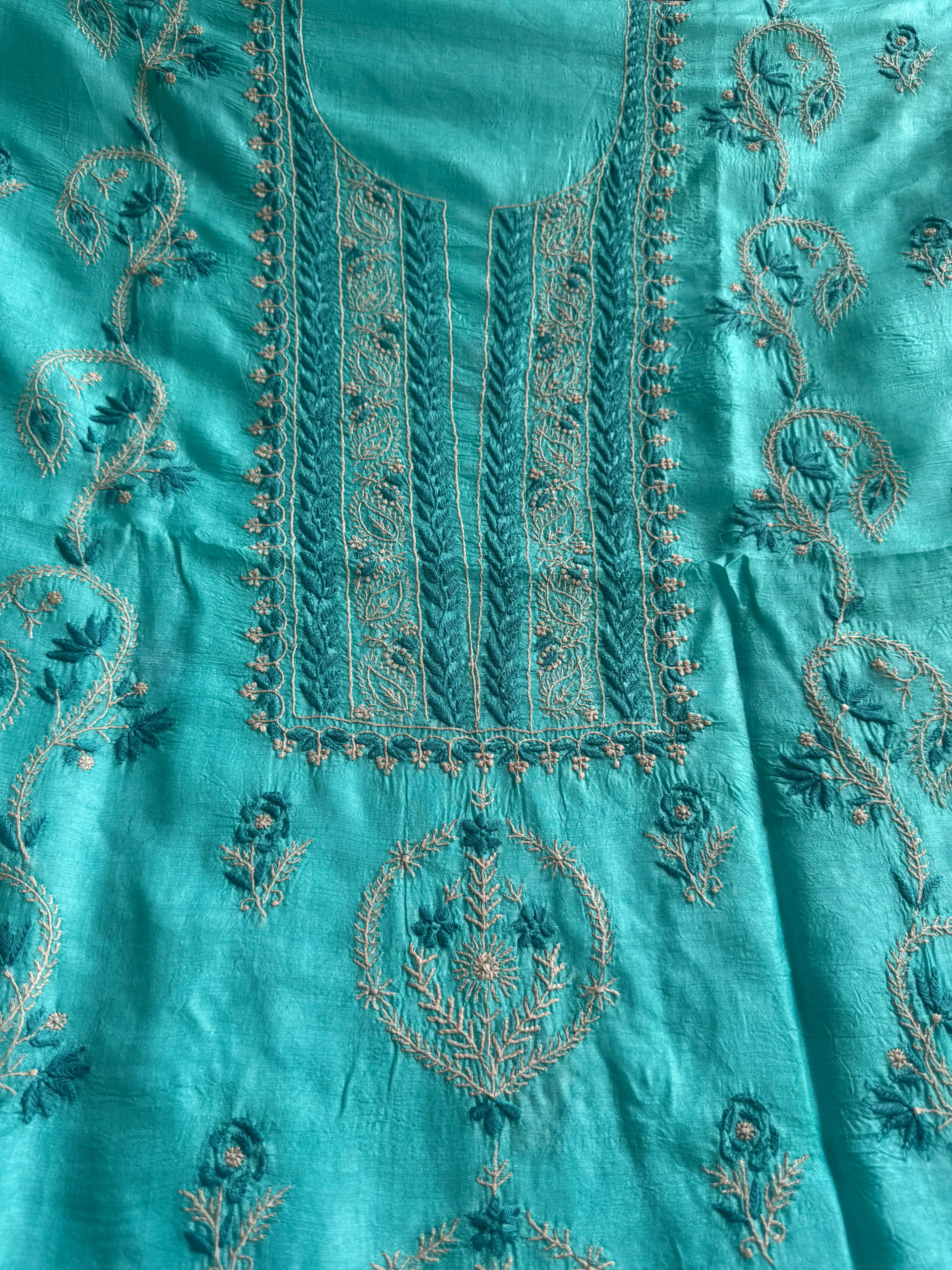 Pure Tussar Silk Chikankari Length with Dupatta -  Blue Multi Thread
