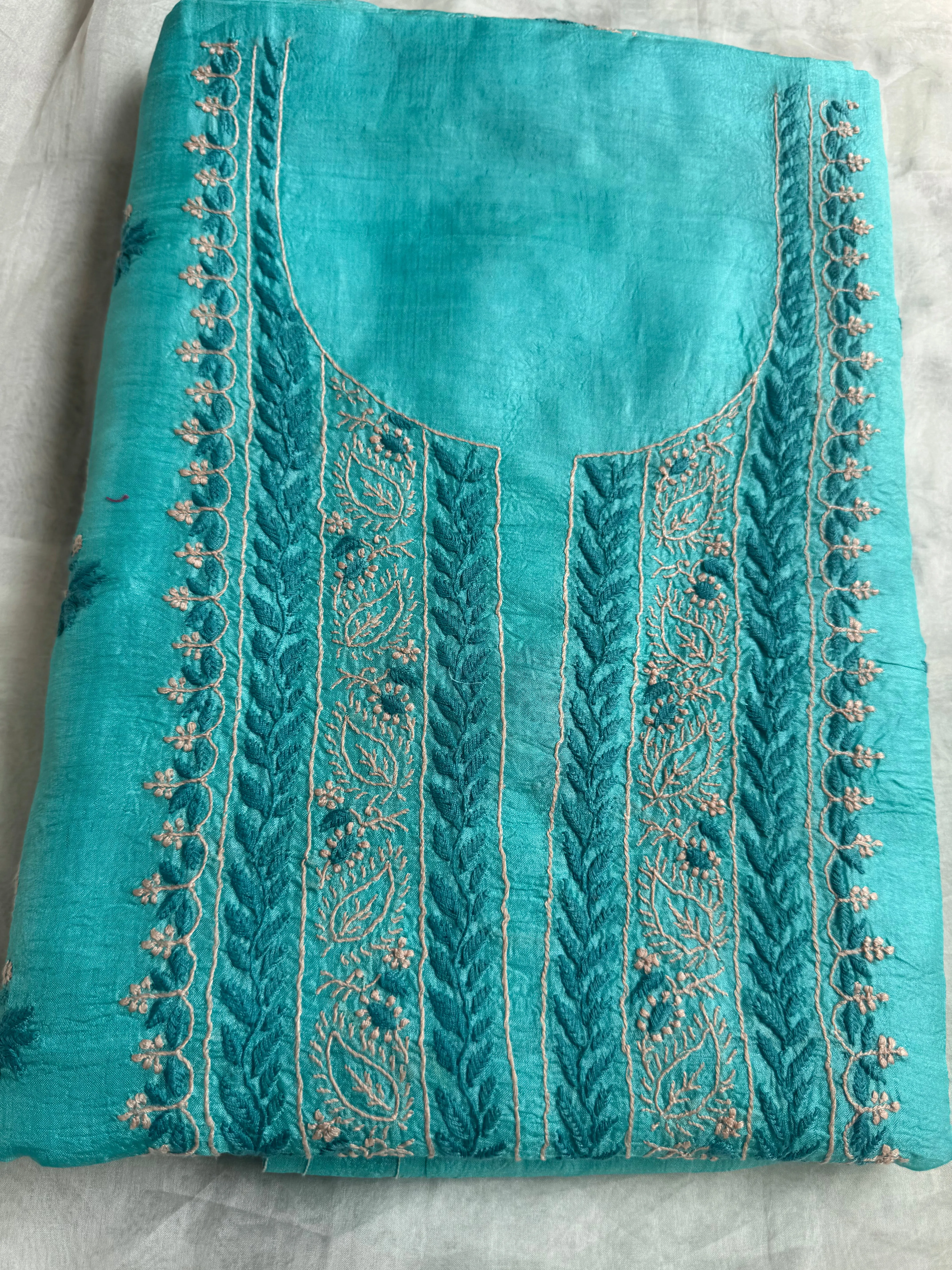 Pure Tussar Silk Chikankari Length with Dupatta -  Blue Multi Thread