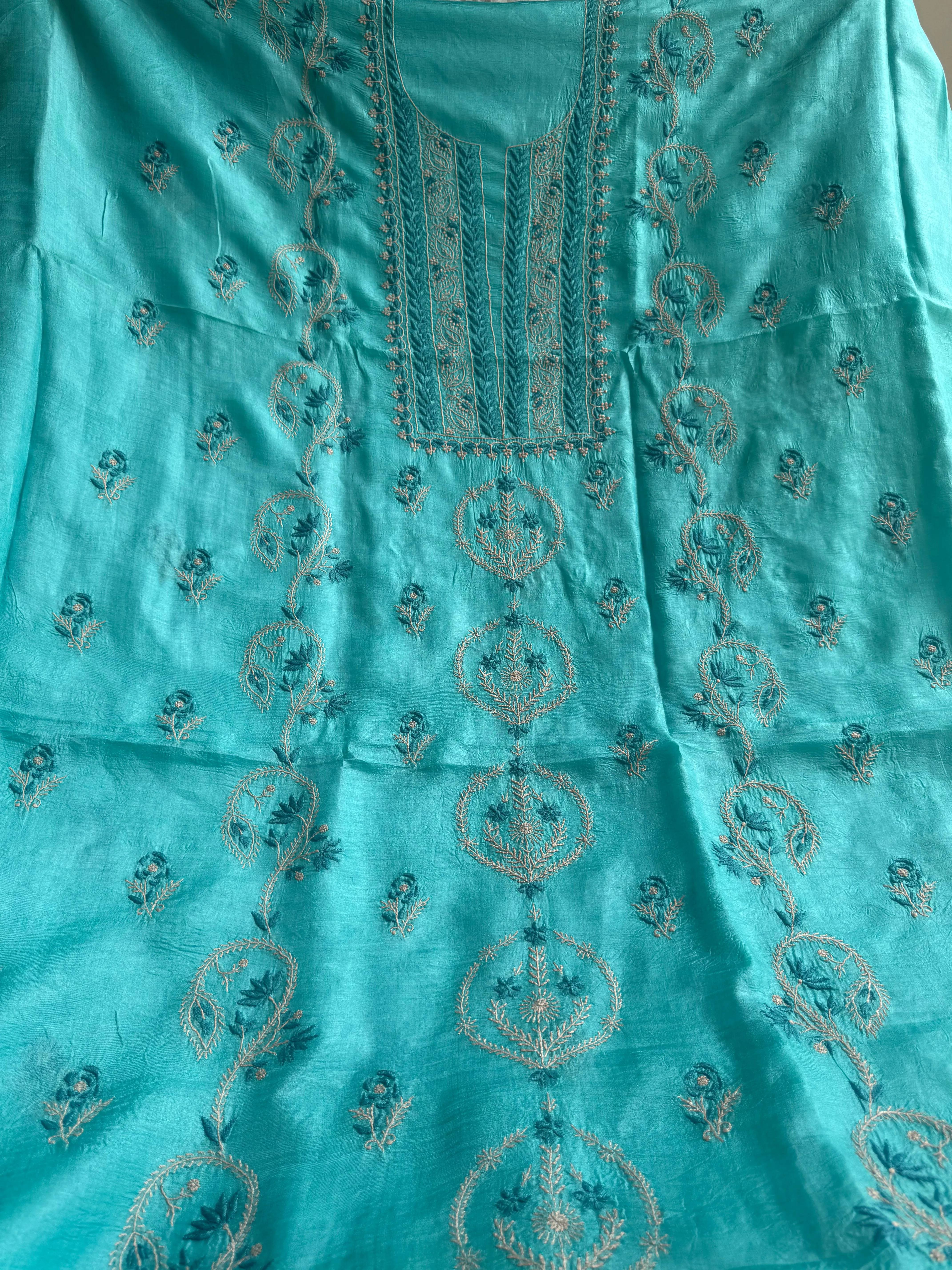 Pure Tussar Silk Chikankari Length with Dupatta -  Blue Multi Thread