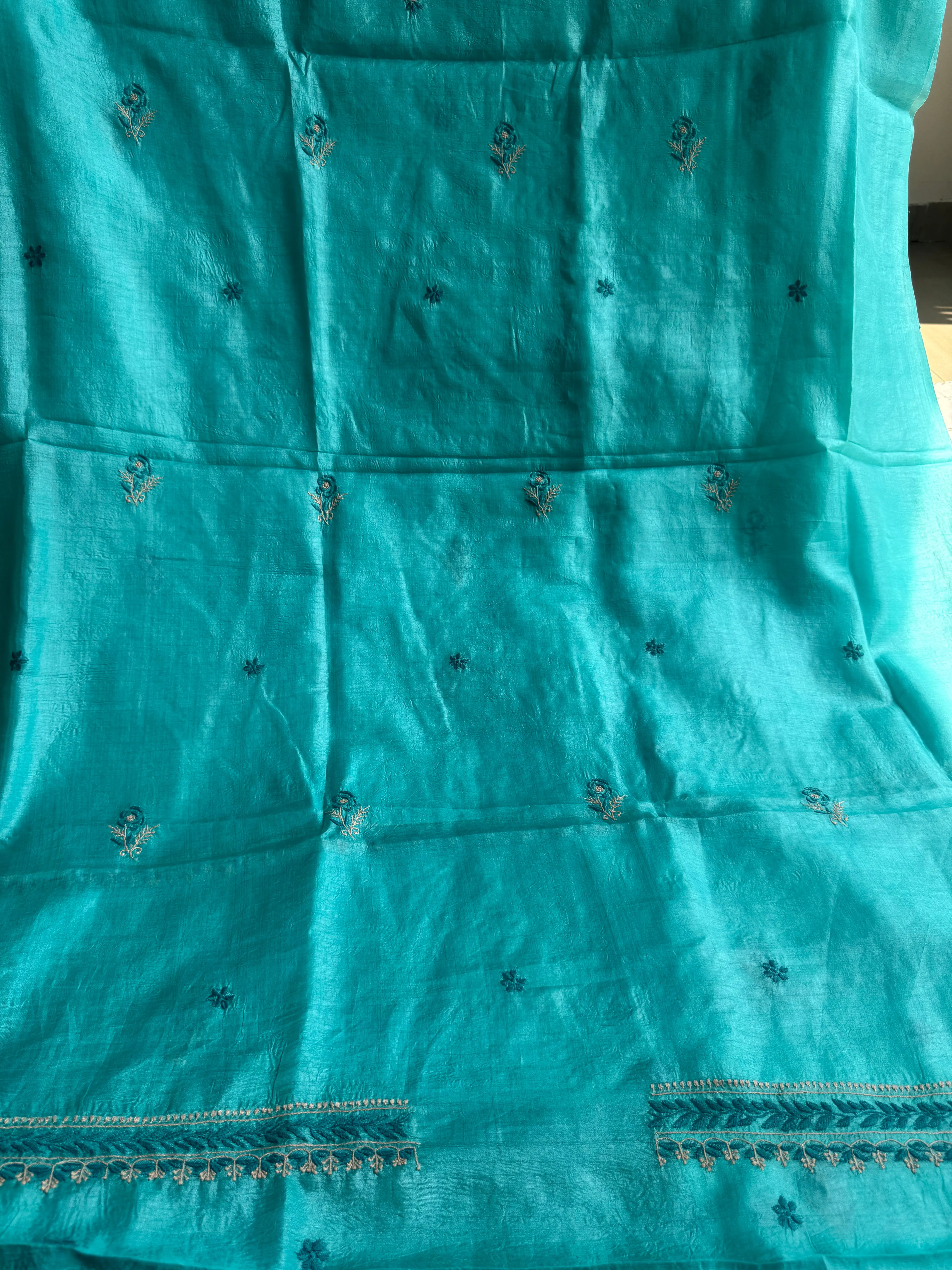 Pure Tussar Silk Chikankari Length with Dupatta -  Blue Multi Thread