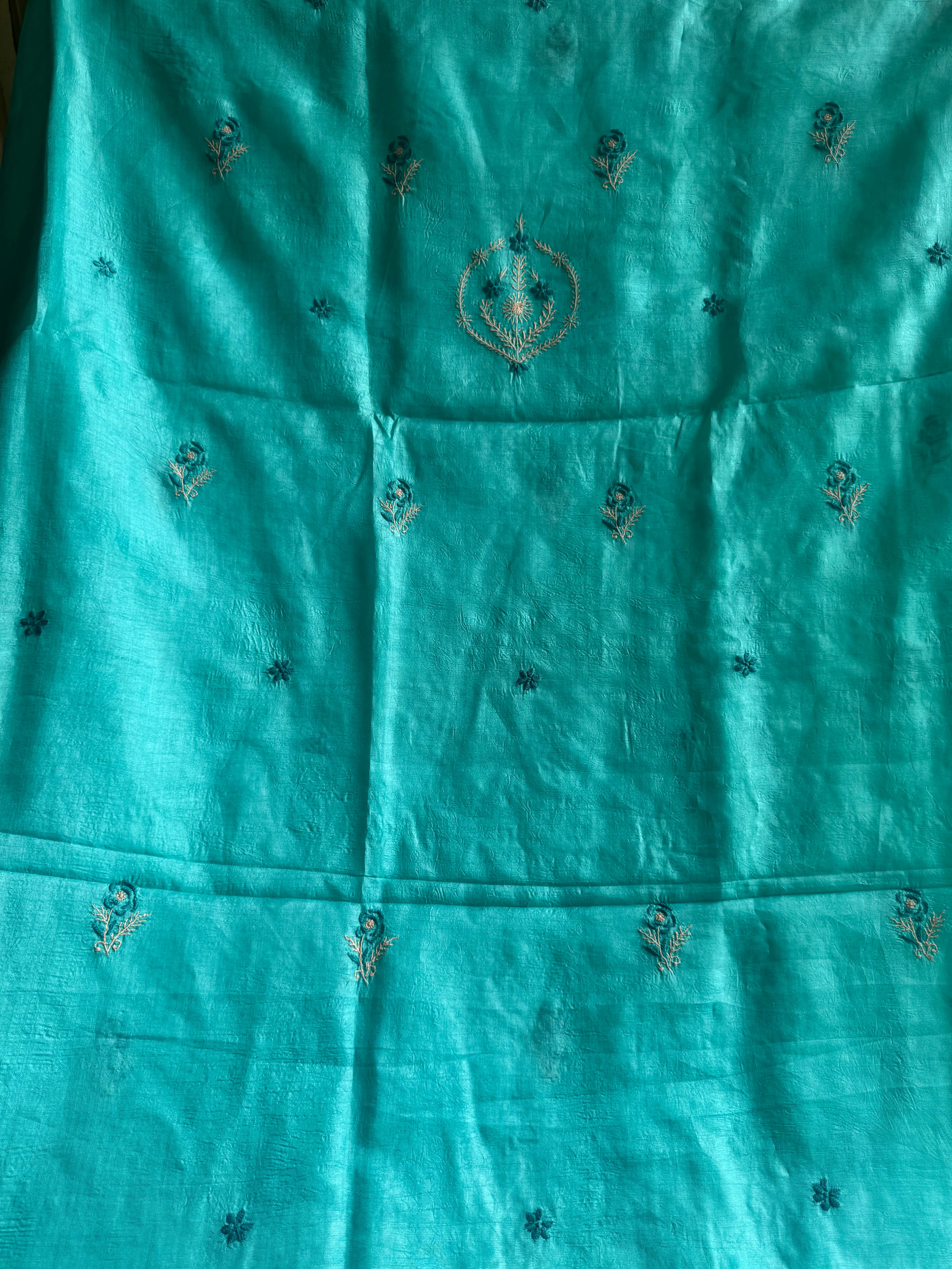 Pure Tussar Silk Chikankari Length with Dupatta -  Blue Multi Thread