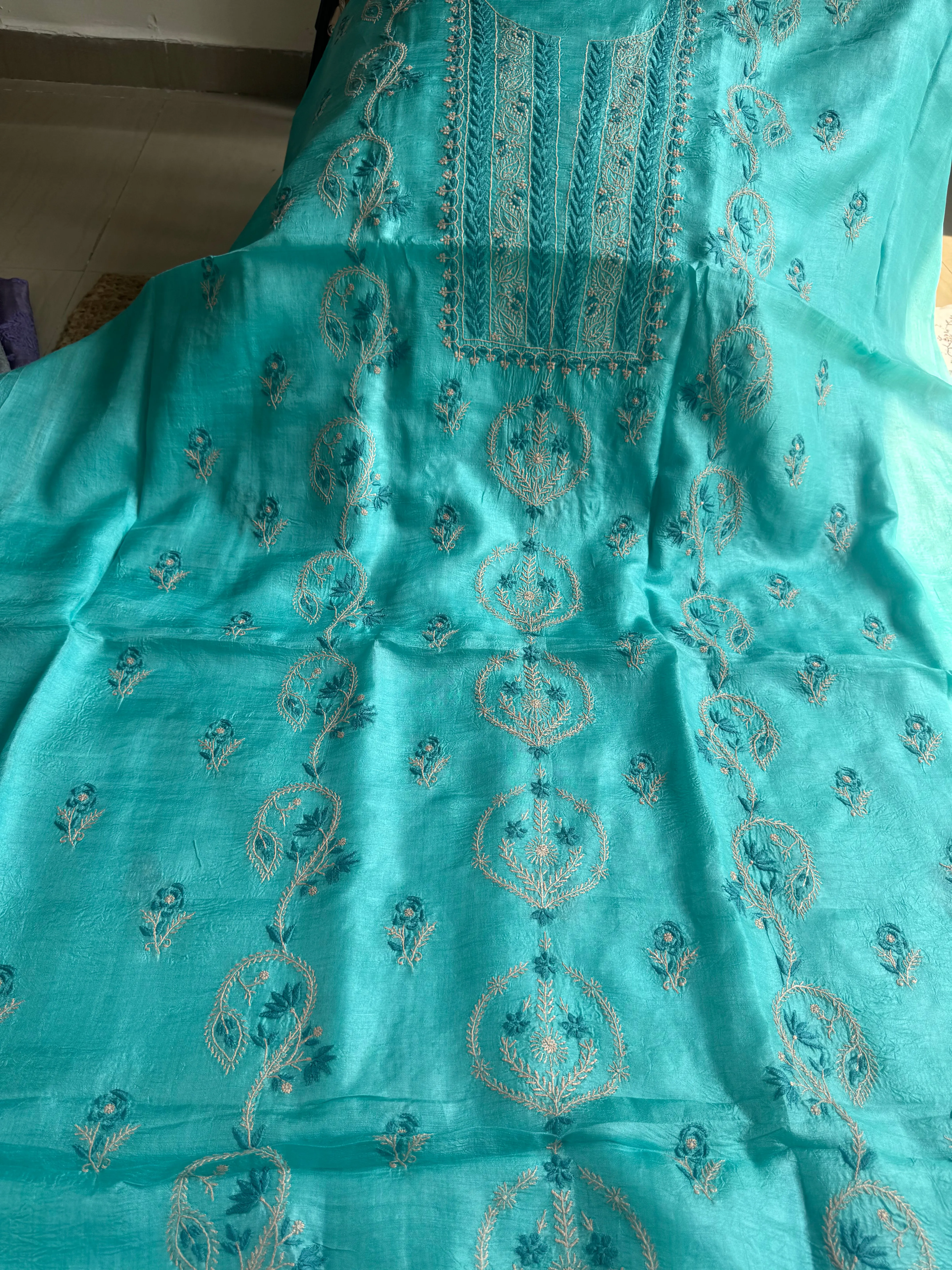 Pure Tussar Silk Chikankari Length with Dupatta -  Blue Multi Thread