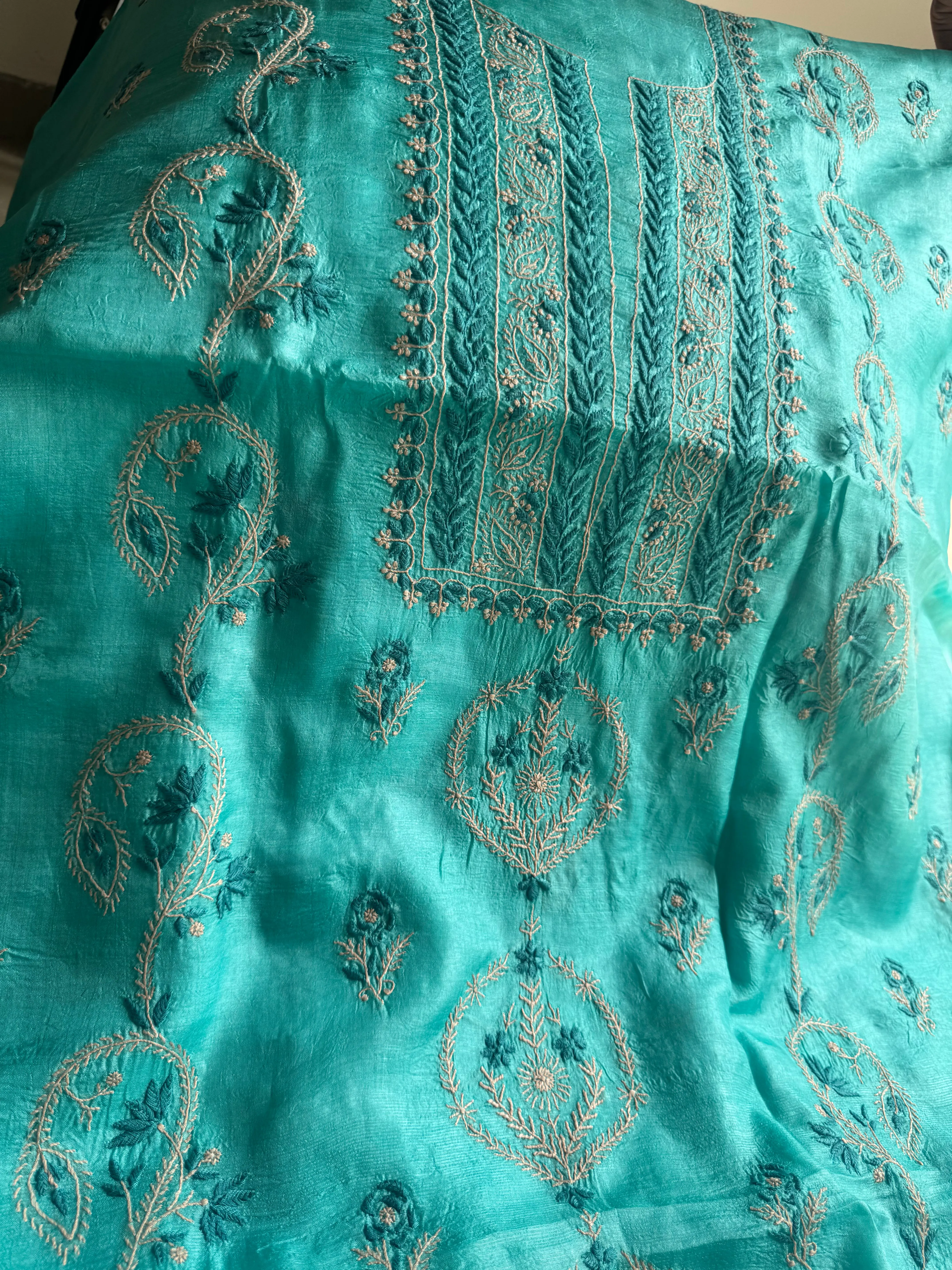 Pure Tussar Silk Chikankari Length with Dupatta -  Blue Multi Thread