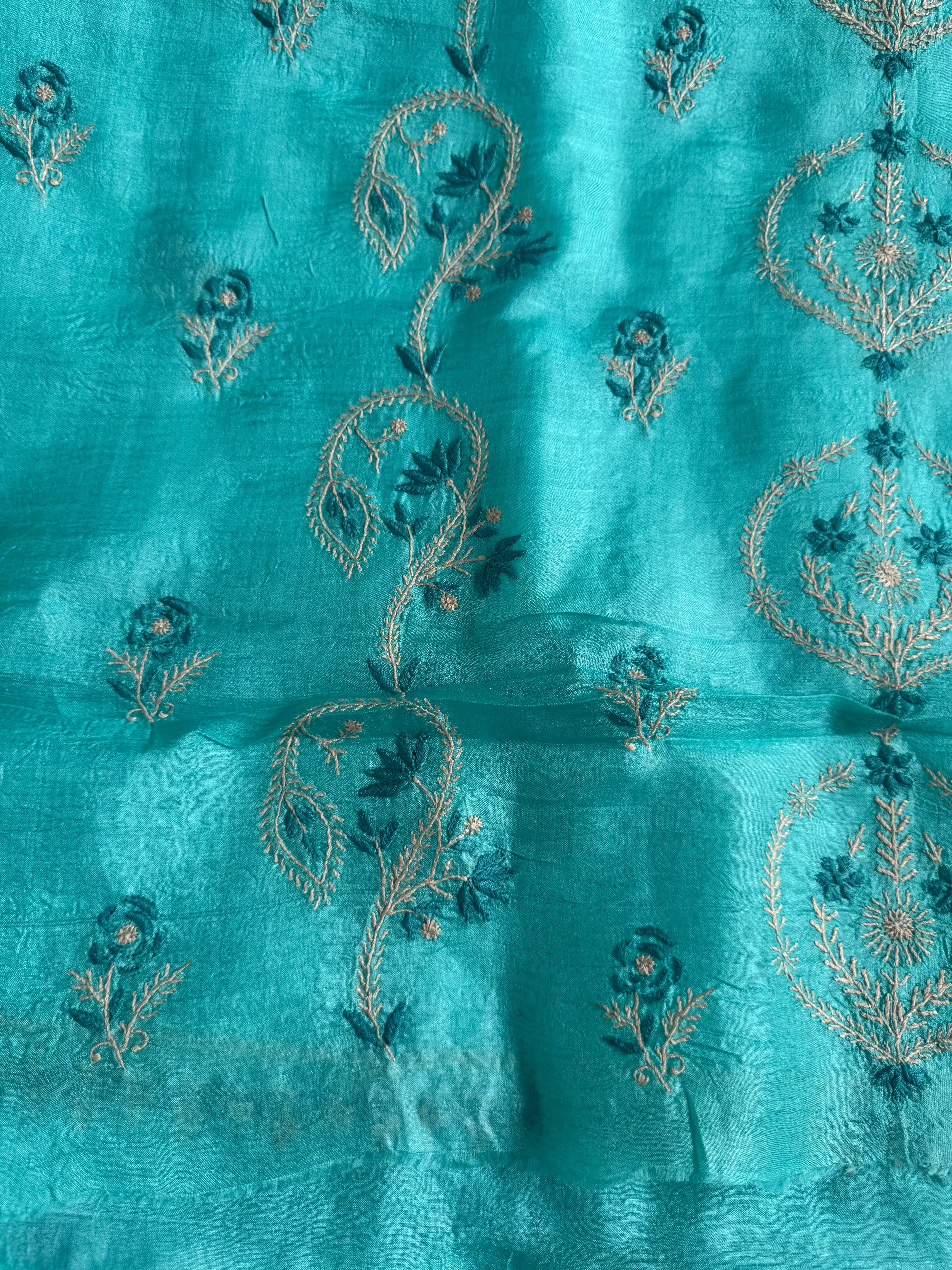 Pure Tussar Silk Chikankari Length with Dupatta -  Blue Multi Thread
