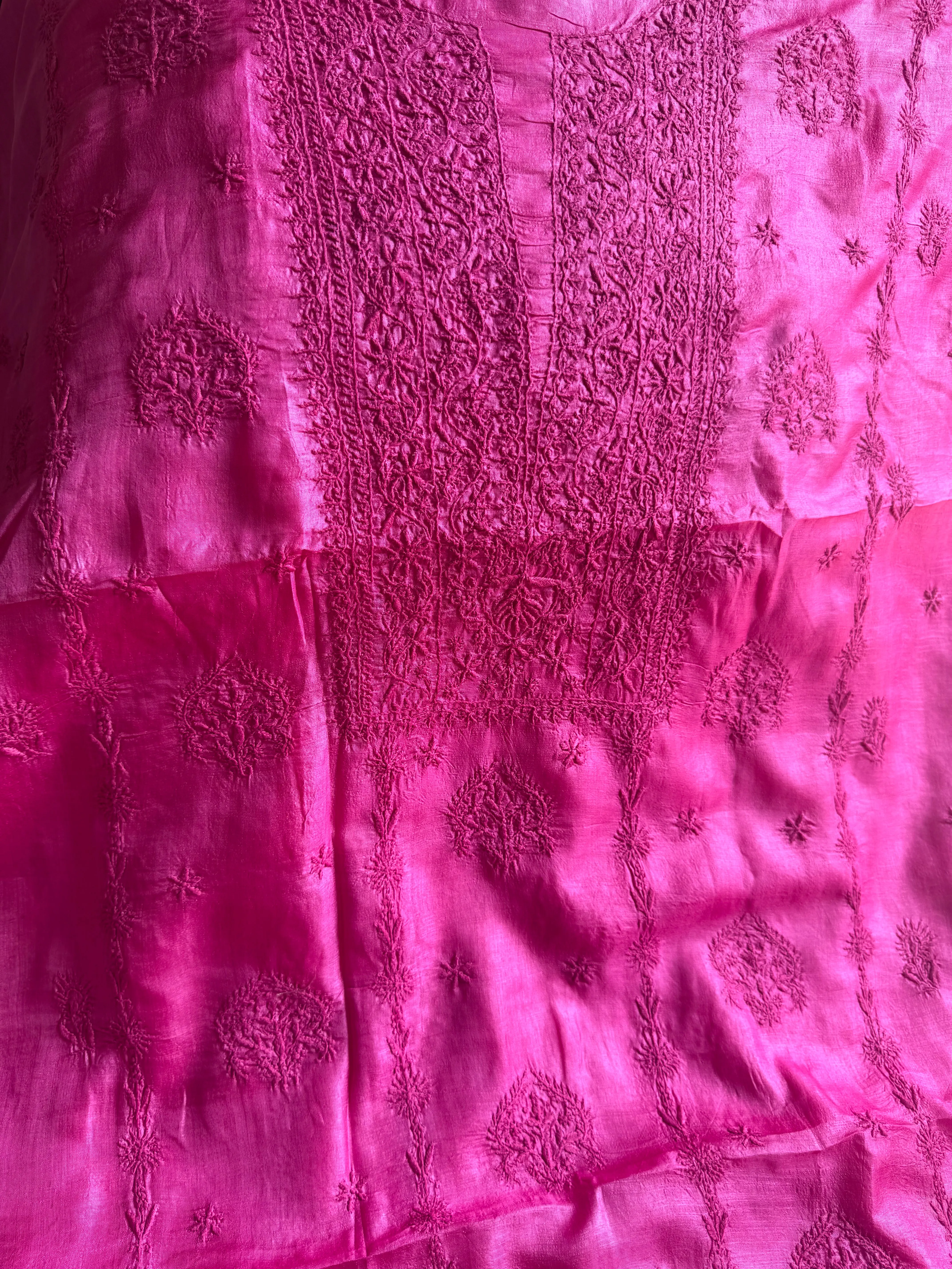 Pure Tussar Silk Chikankari Length with Dupatta - Hot Pink