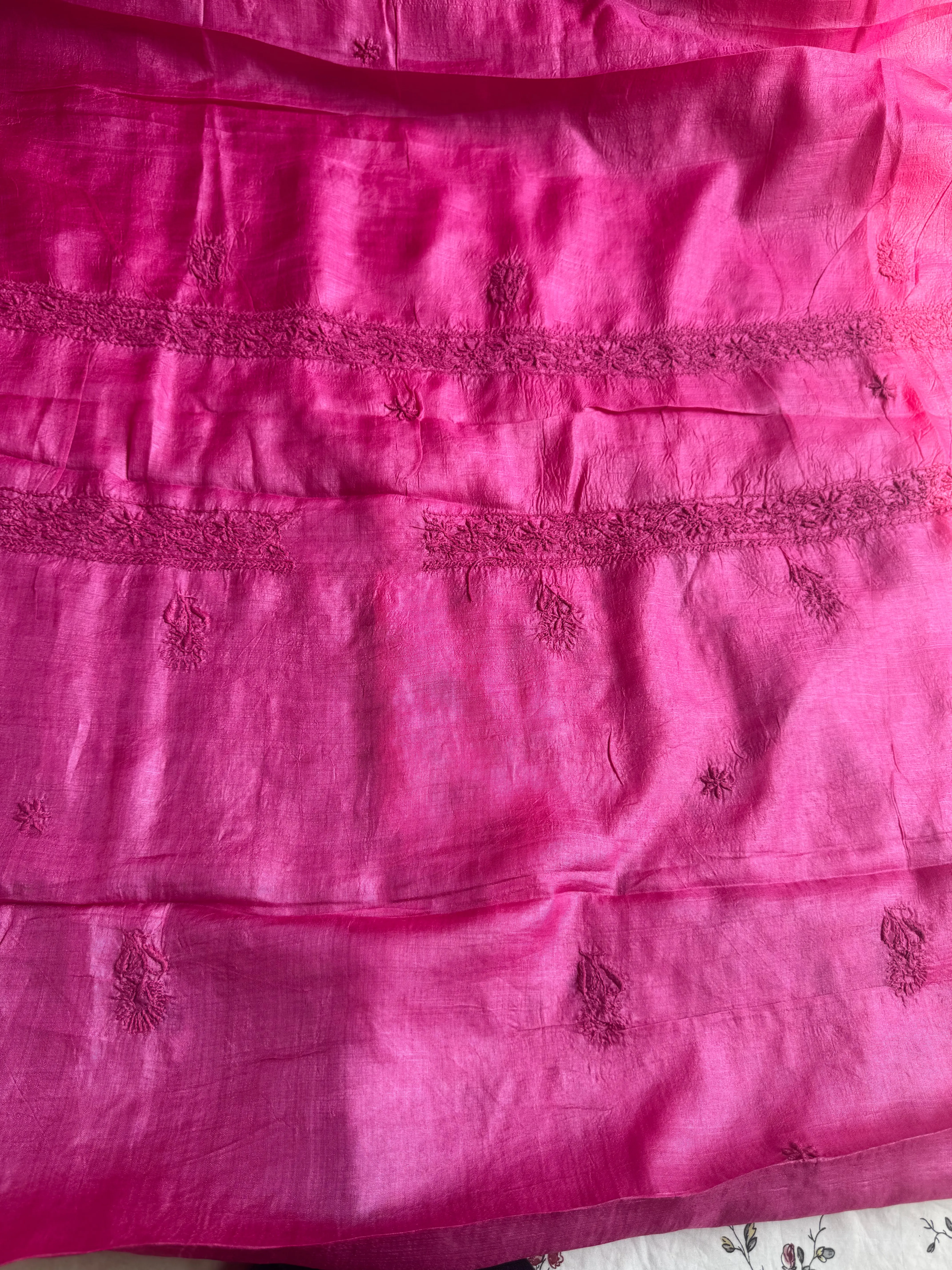 Pure Tussar Silk Chikankari Length with Dupatta - Hot Pink