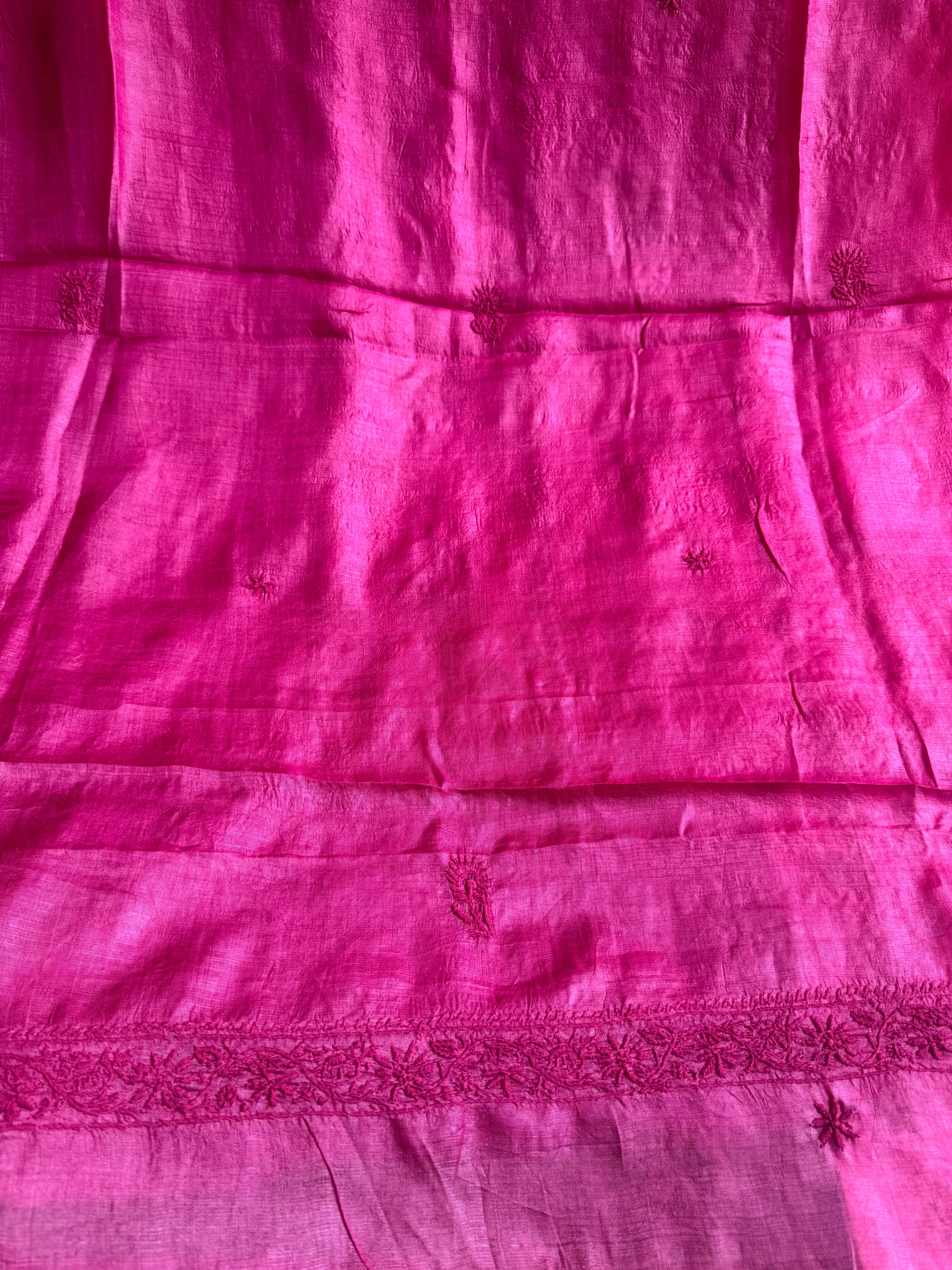 Pure Tussar Silk Chikankari Length with Dupatta - Hot Pink