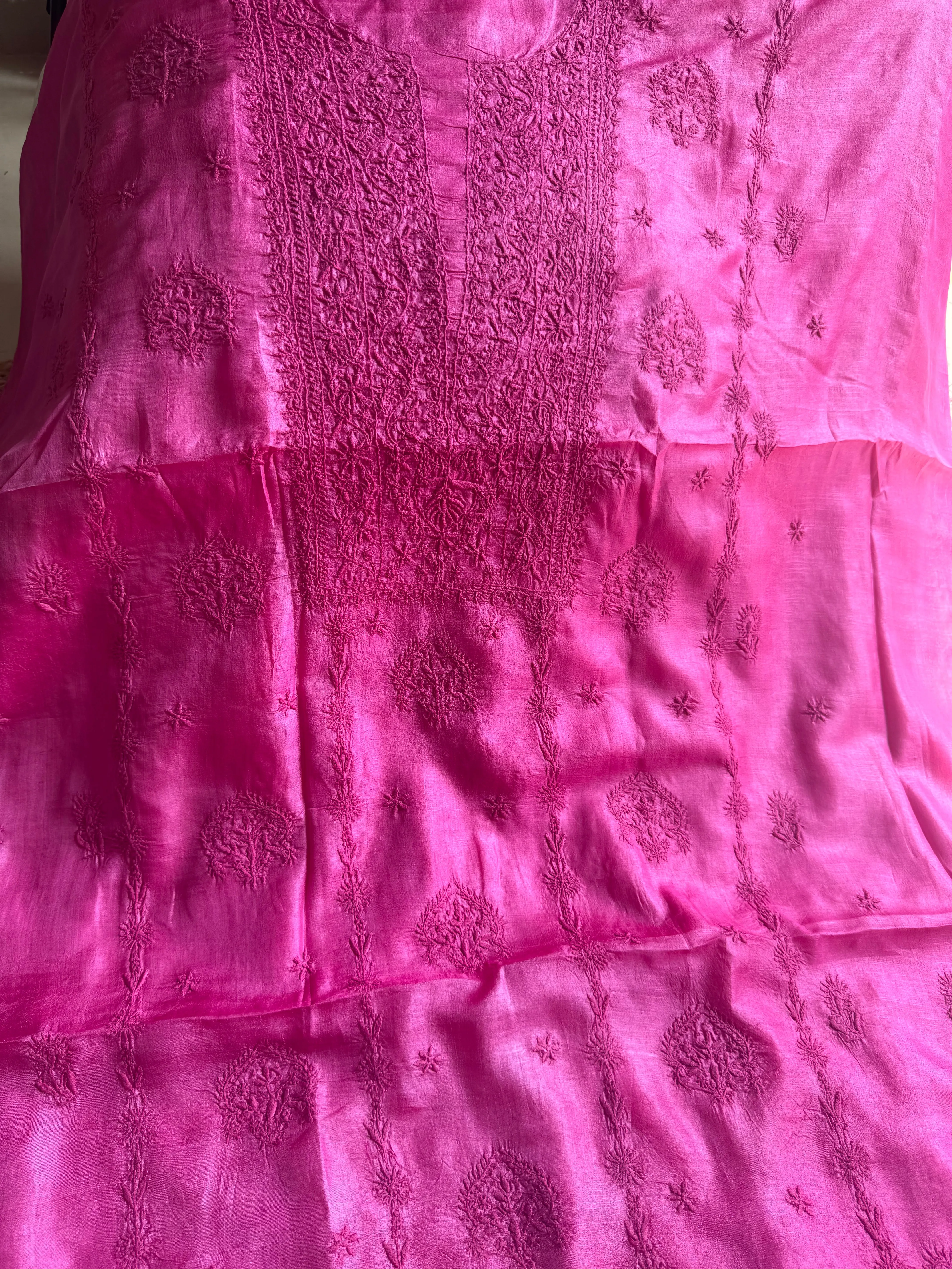 Pure Tussar Silk Chikankari Length with Dupatta - Hot Pink