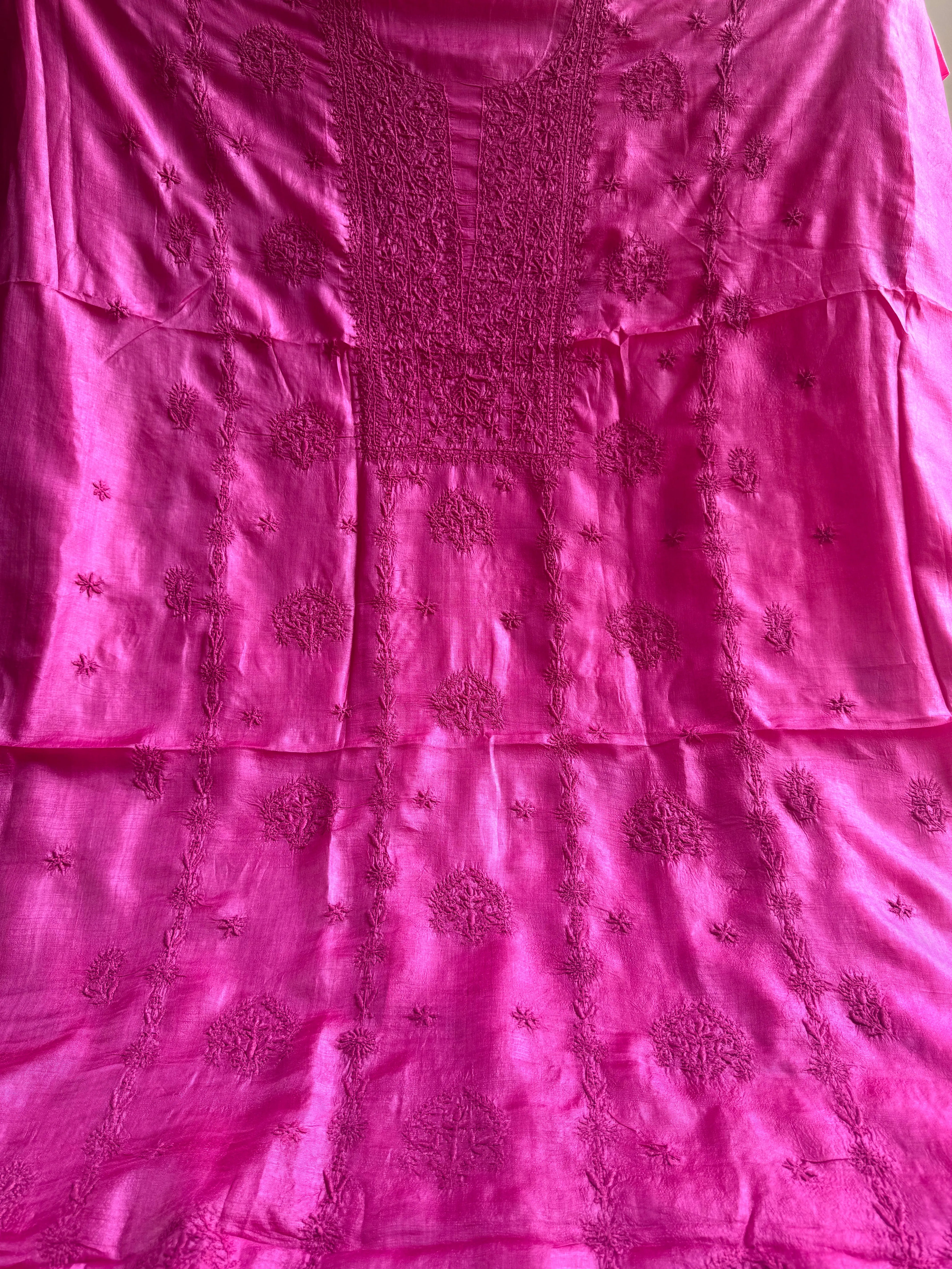 Pure Tussar Silk Chikankari Length with Dupatta - Hot Pink