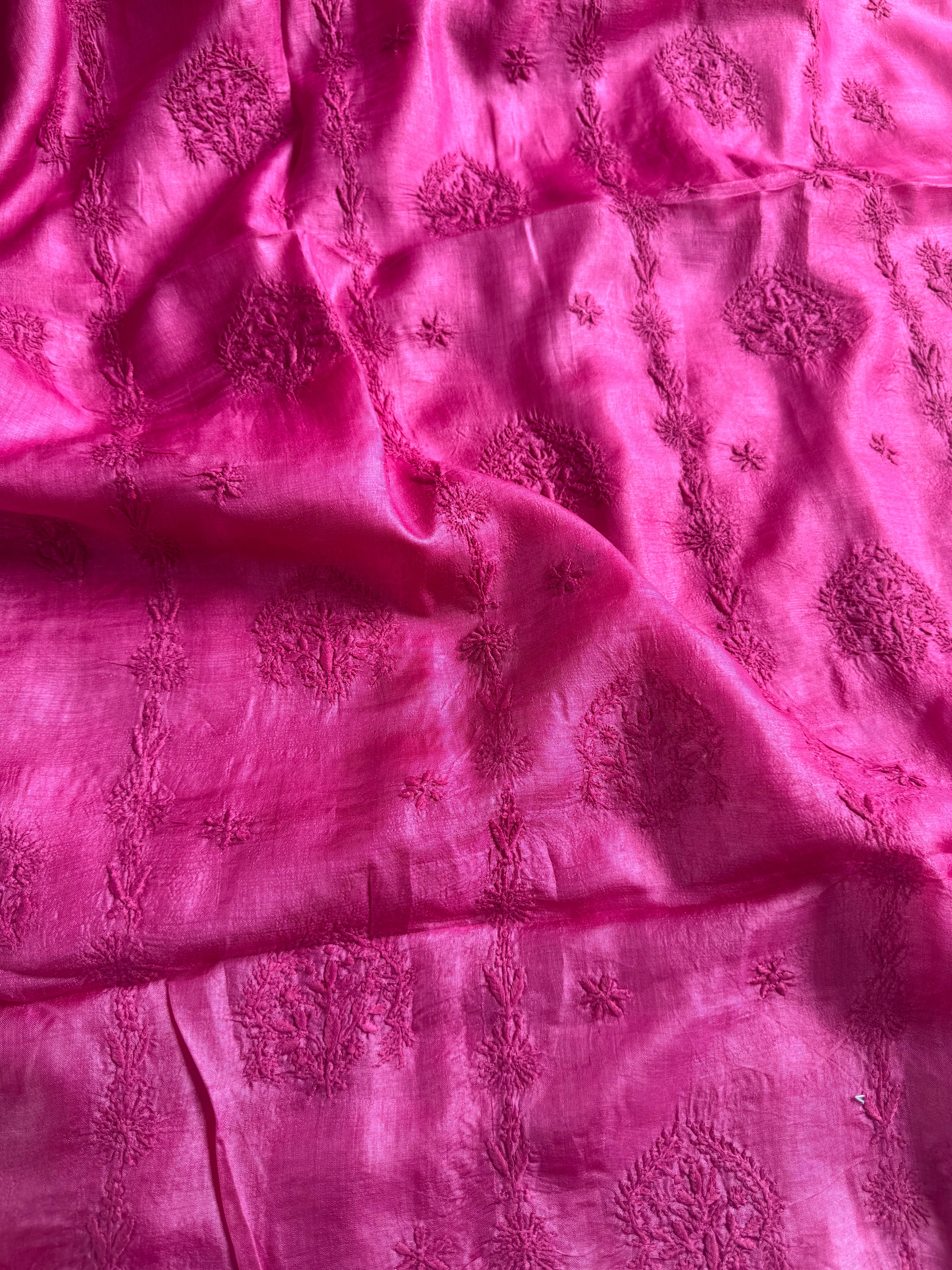 Pure Tussar Silk Chikankari Length with Dupatta - Hot Pink