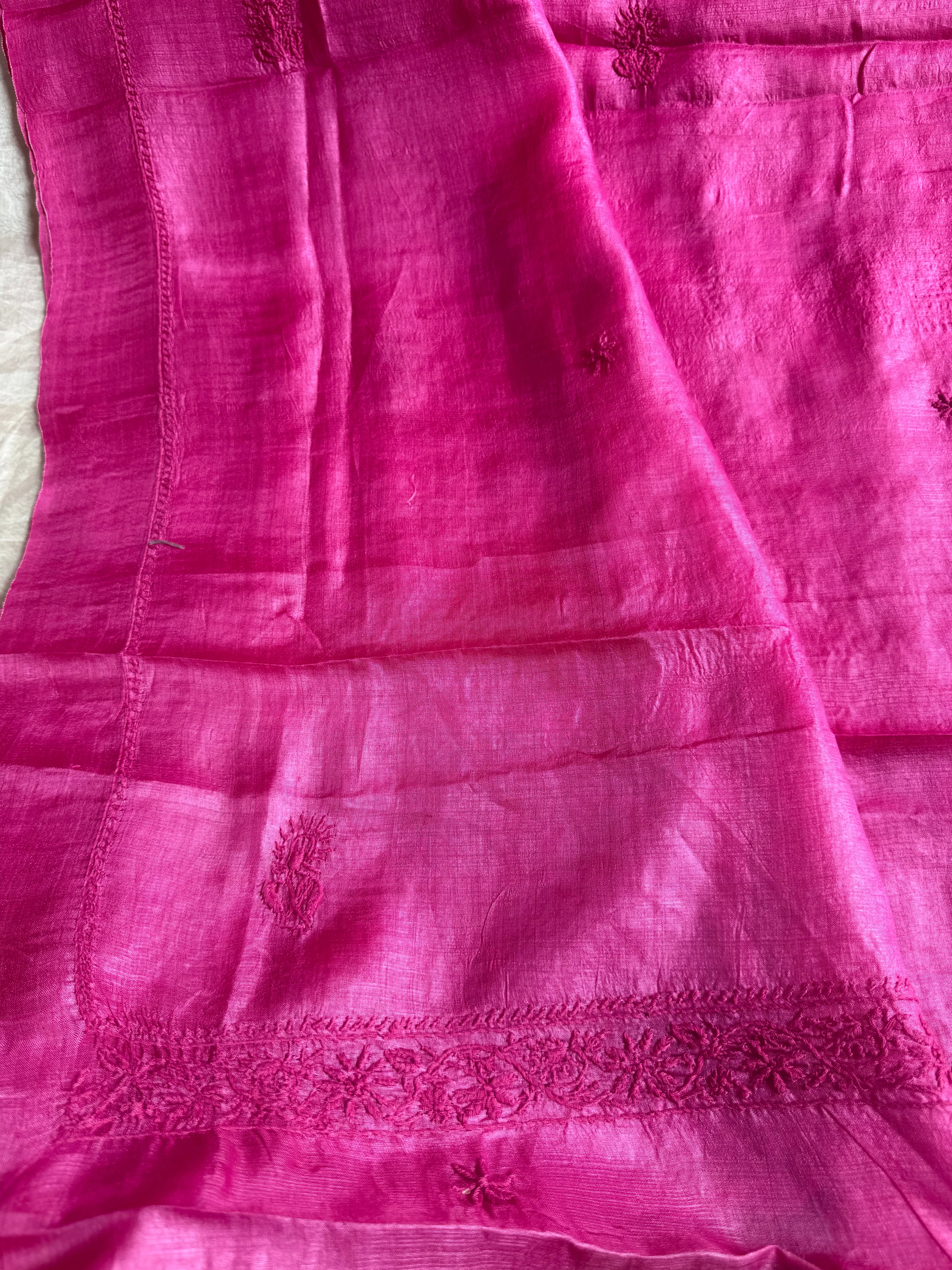 Pure Tussar Silk Chikankari Length with Dupatta - Hot Pink