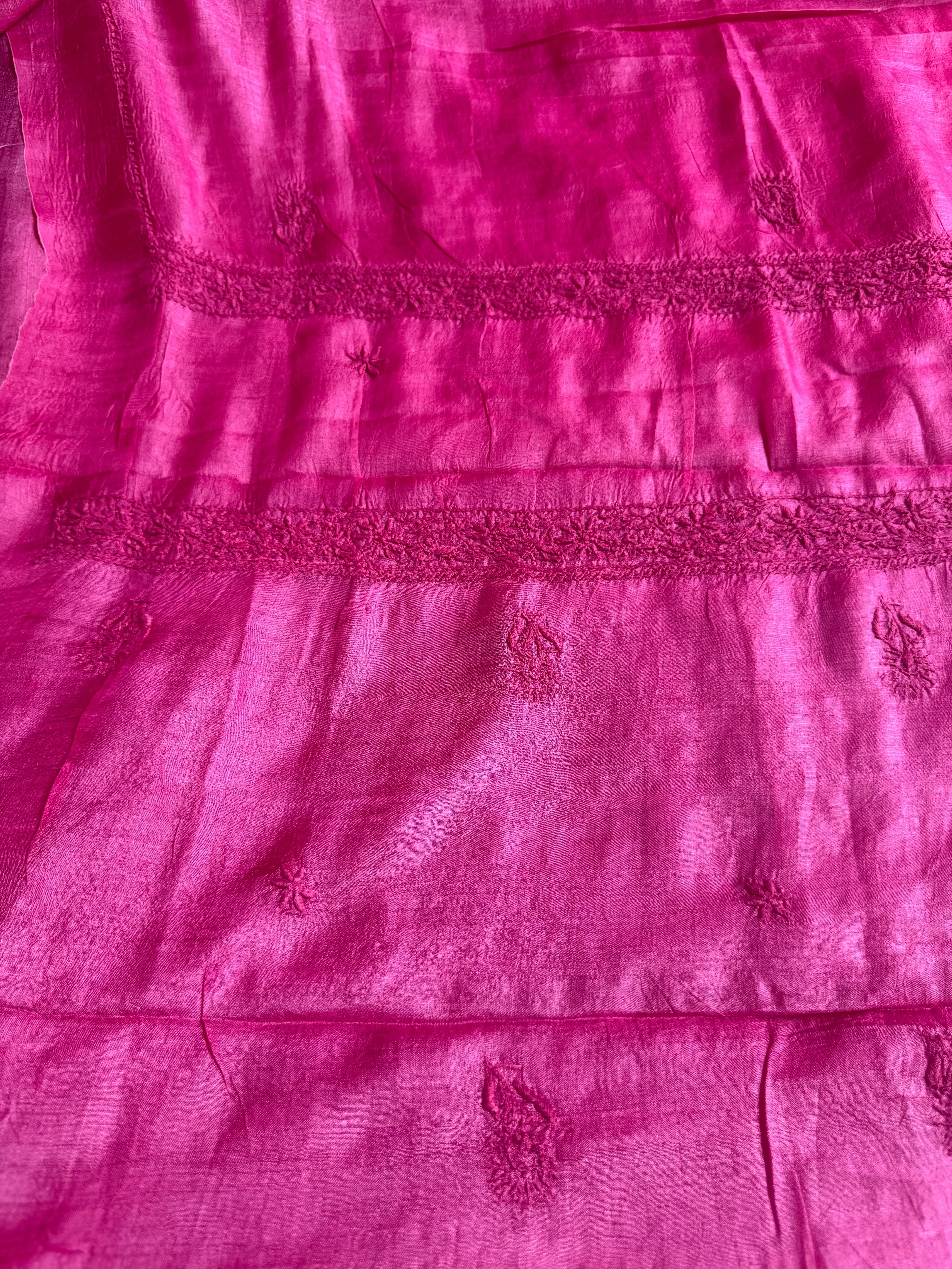 Pure Tussar Silk Chikankari Length with Dupatta - Hot Pink