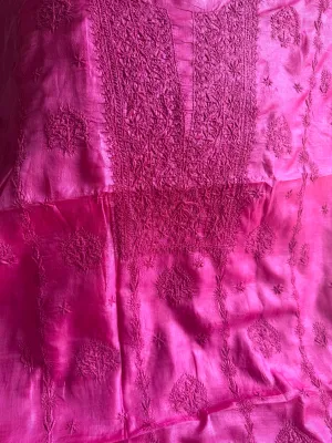 Pure Tussar Silk Chikankari Length with Dupatta - Hot Pink
