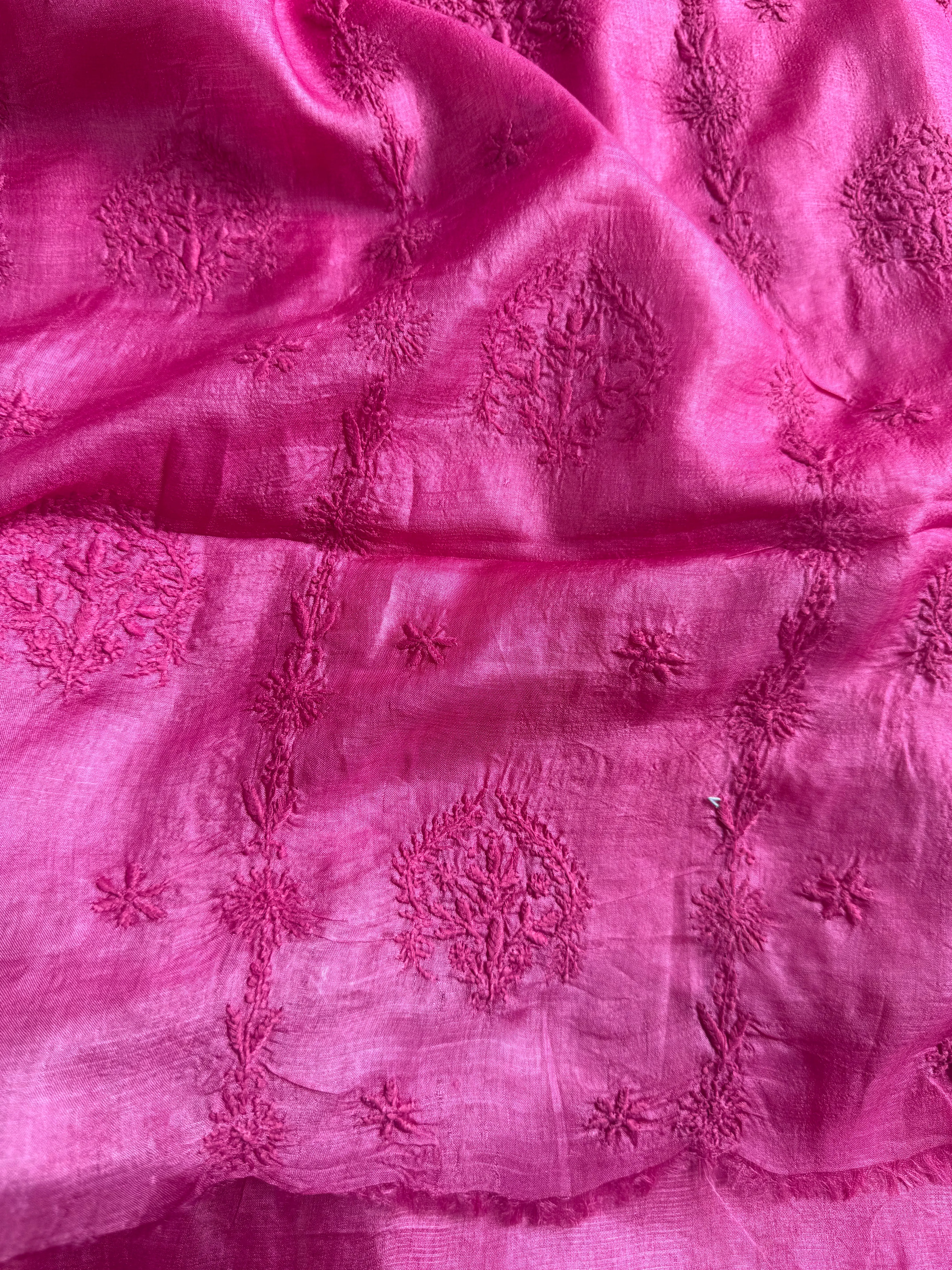 Pure Tussar Silk Chikankari Length with Dupatta - Hot Pink