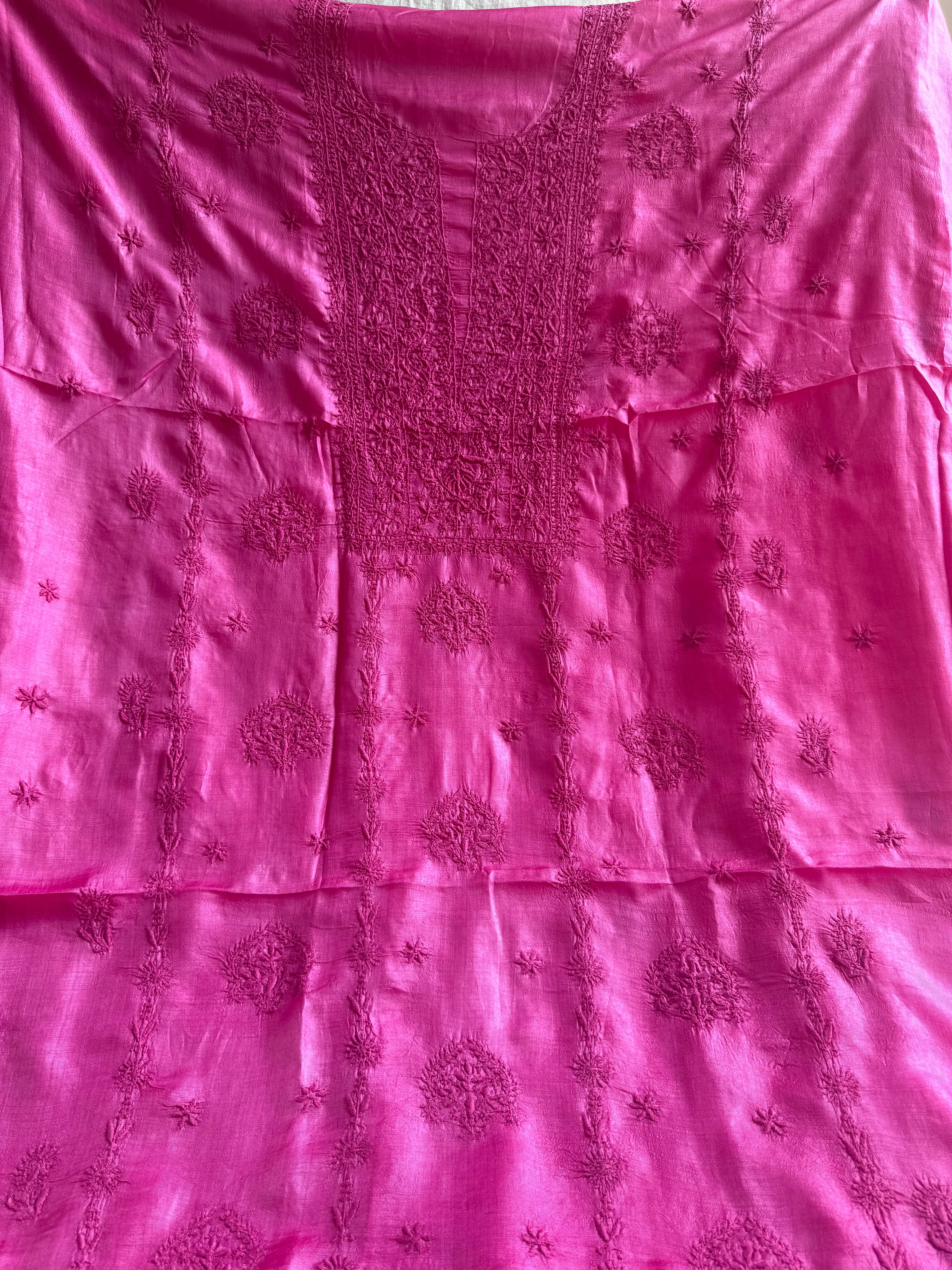 Pure Tussar Silk Chikankari Length with Dupatta - Hot Pink
