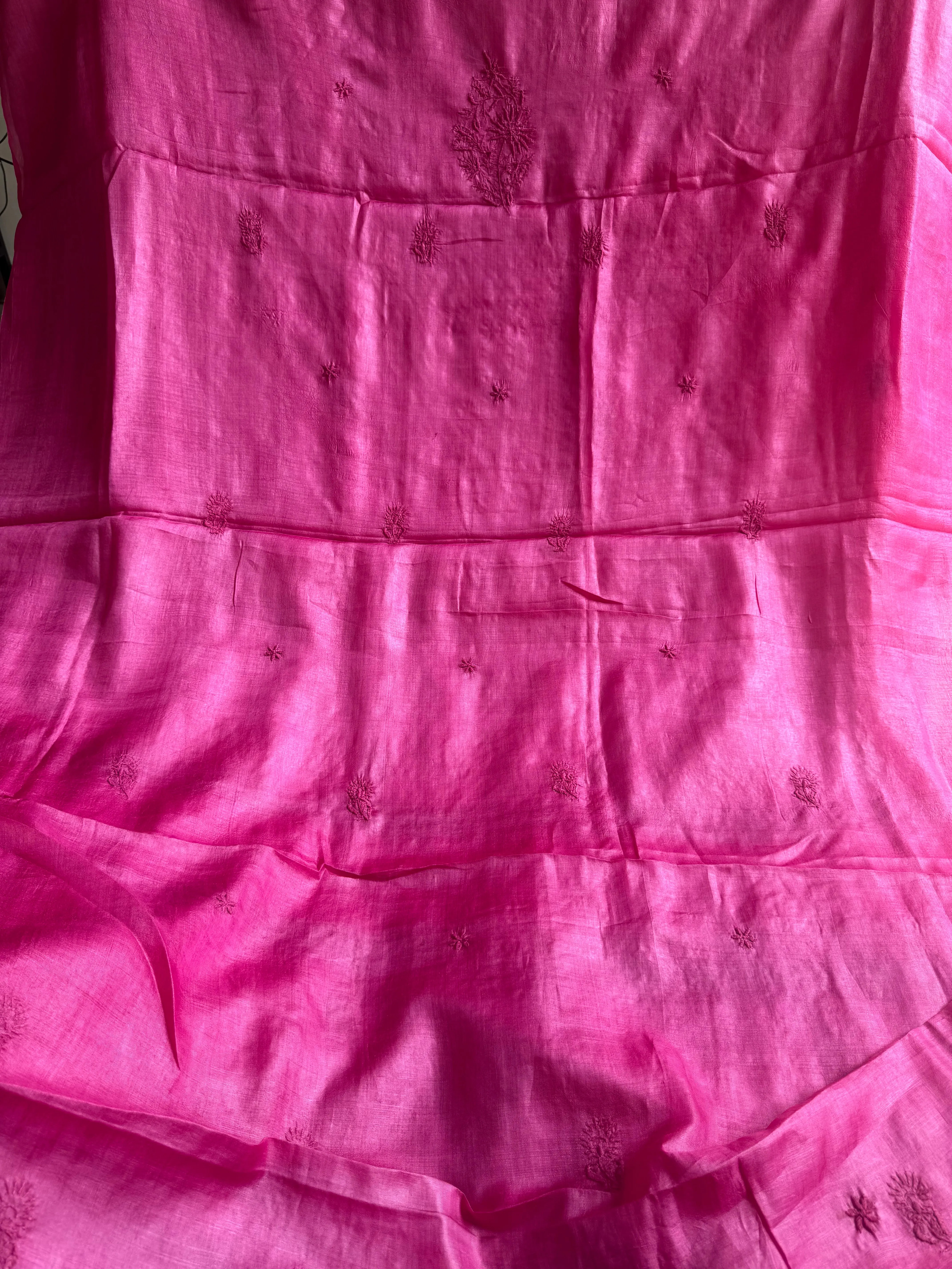 Pure Tussar Silk Chikankari Length with Dupatta - Hot Pink