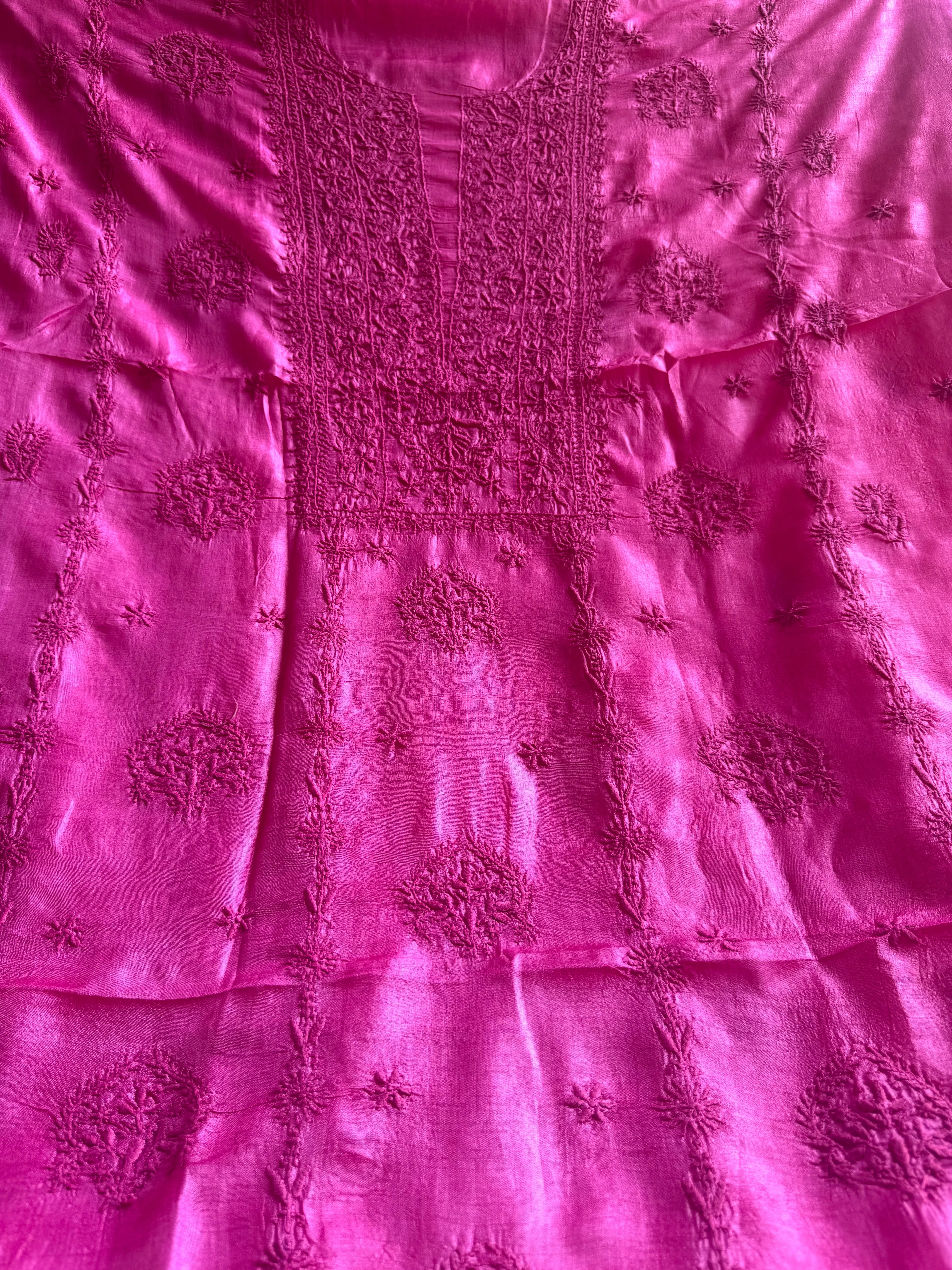 Pure Tussar Silk Chikankari Length with Dupatta - Hot Pink