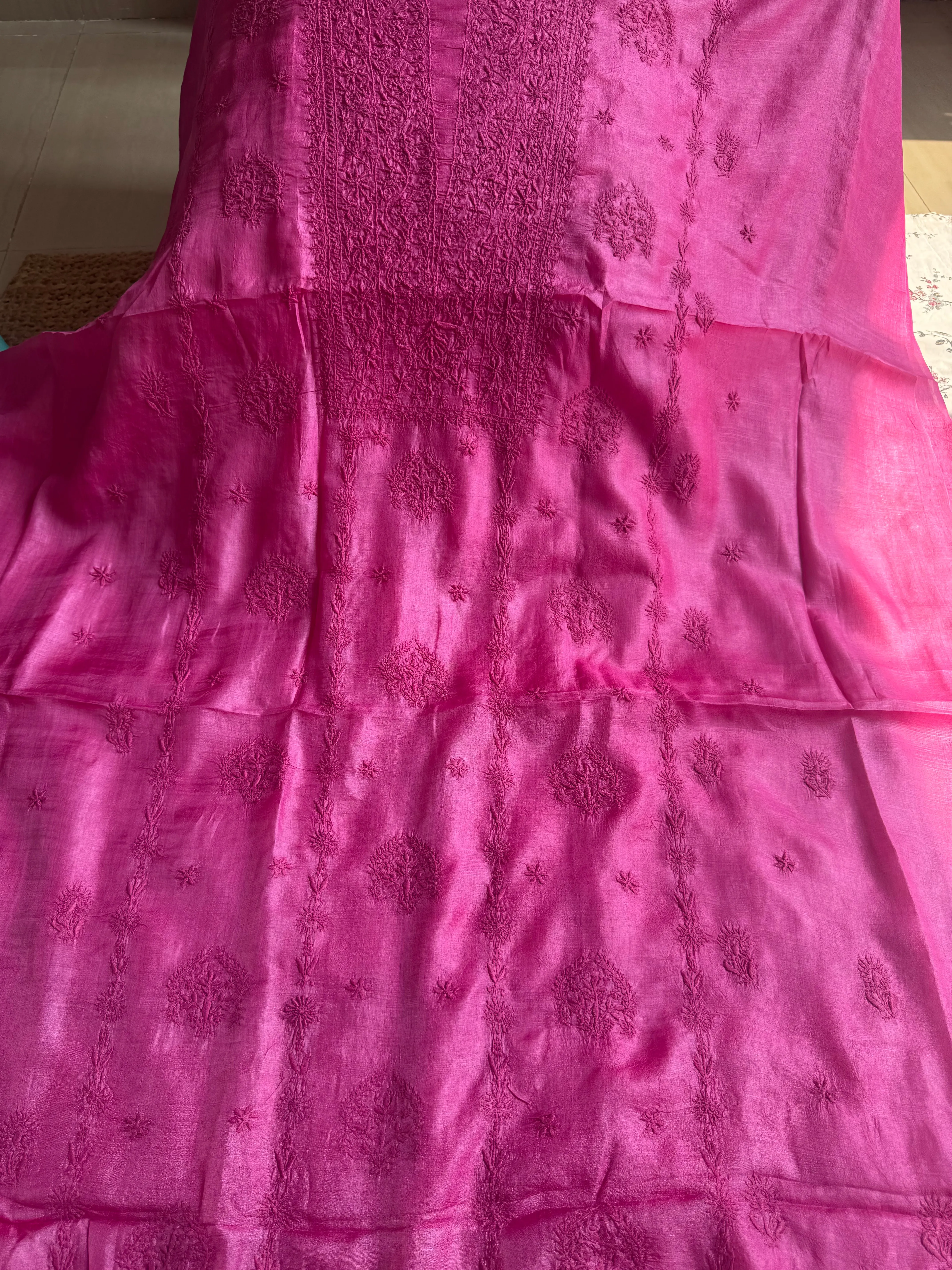 Pure Tussar Silk Chikankari Length with Dupatta - Hot Pink