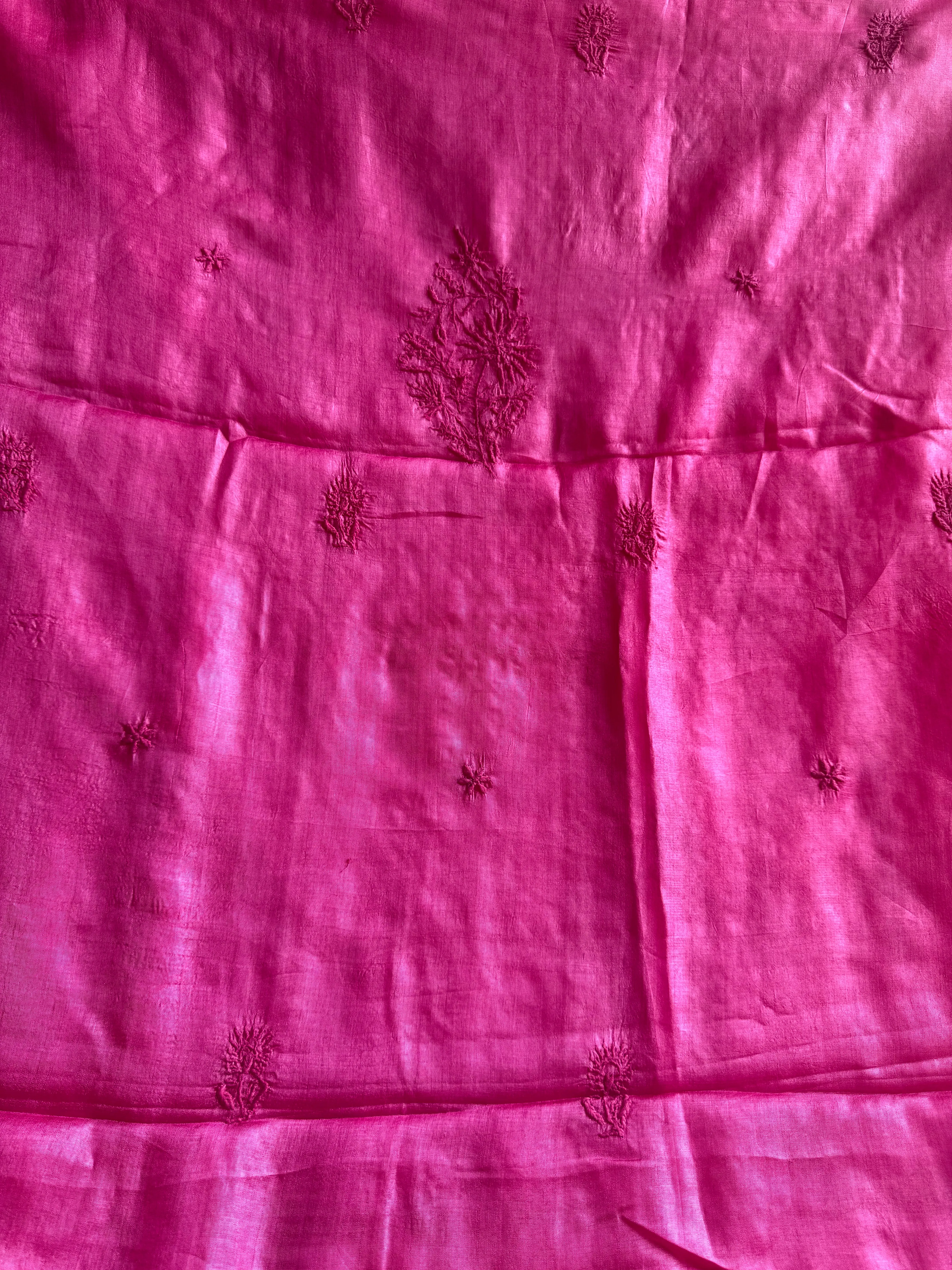 Pure Tussar Silk Chikankari Length with Dupatta - Hot Pink