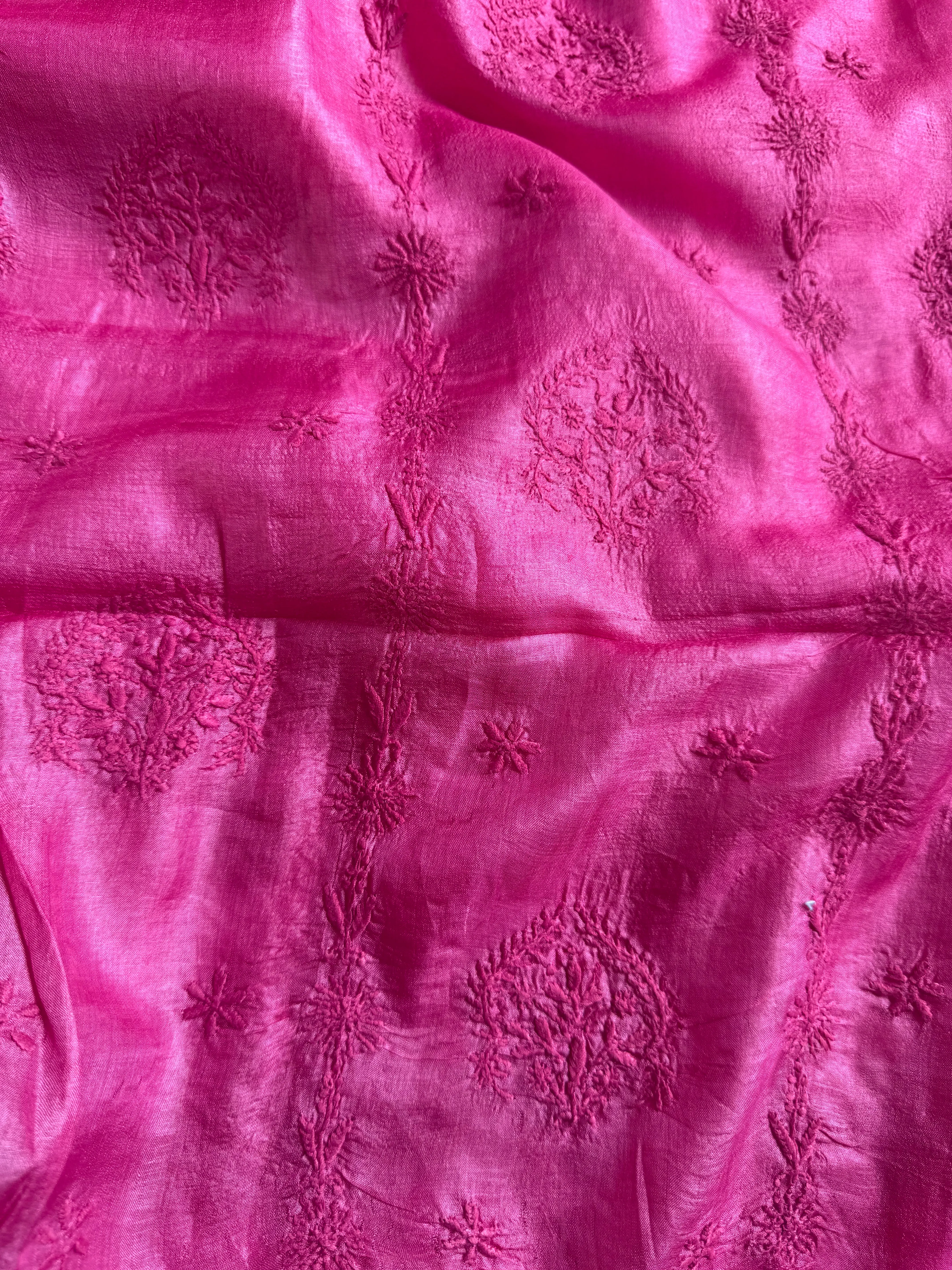 Pure Tussar Silk Chikankari Length with Dupatta - Hot Pink
