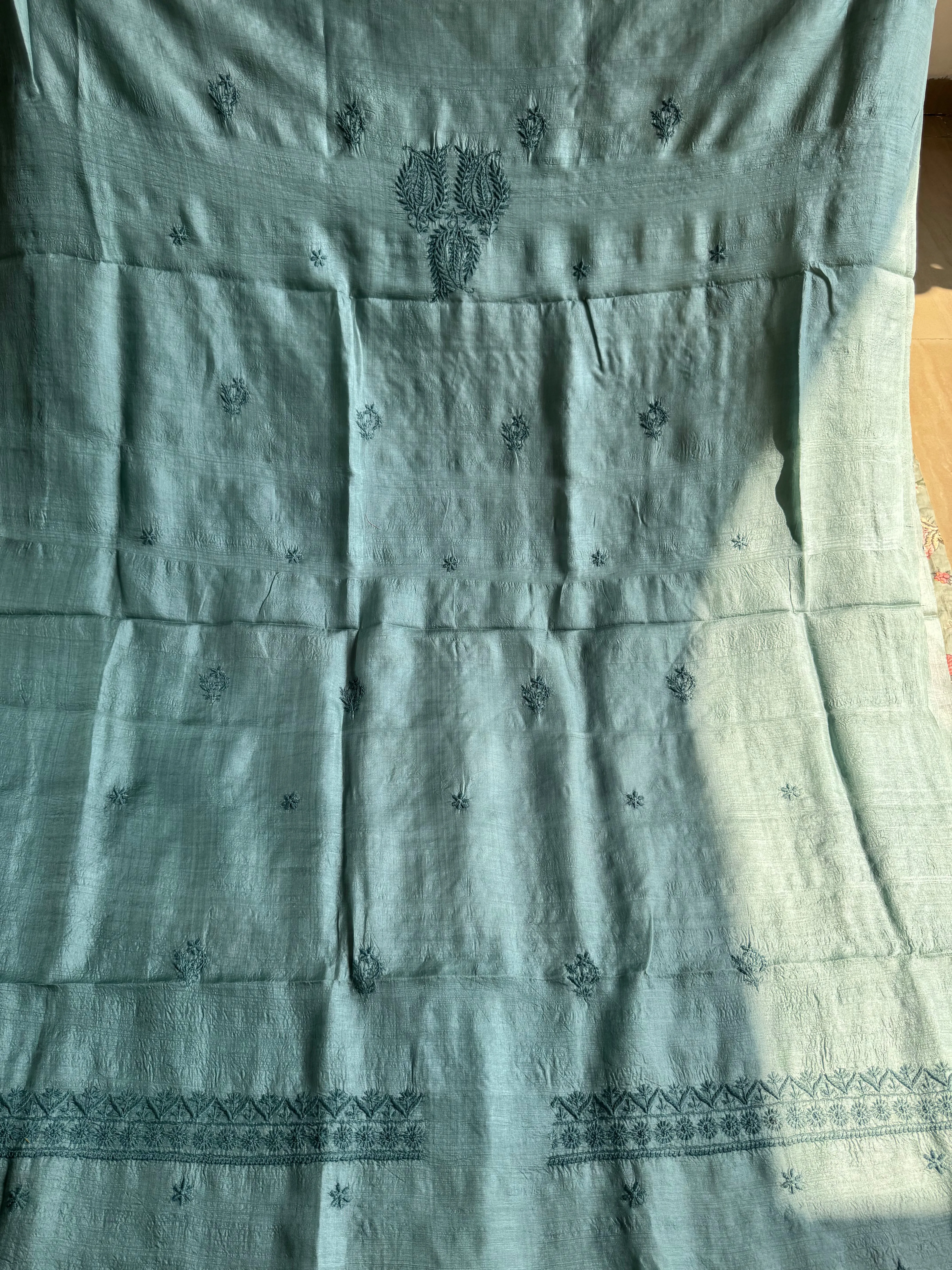 Pure Tussar Silk Chikankari Length with Dupatta - Teal Green
