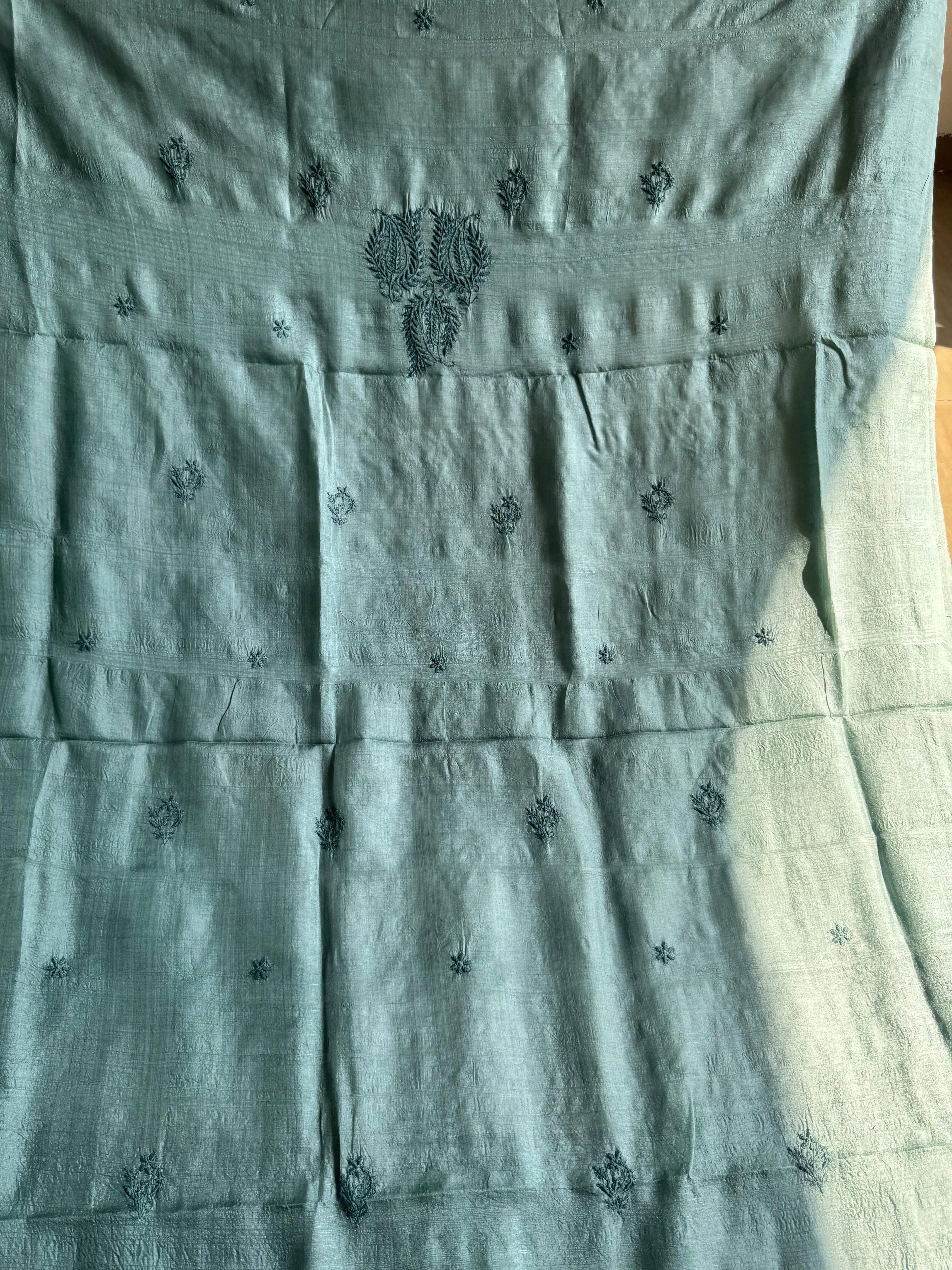 Pure Tussar Silk Chikankari Length with Dupatta - Teal Green