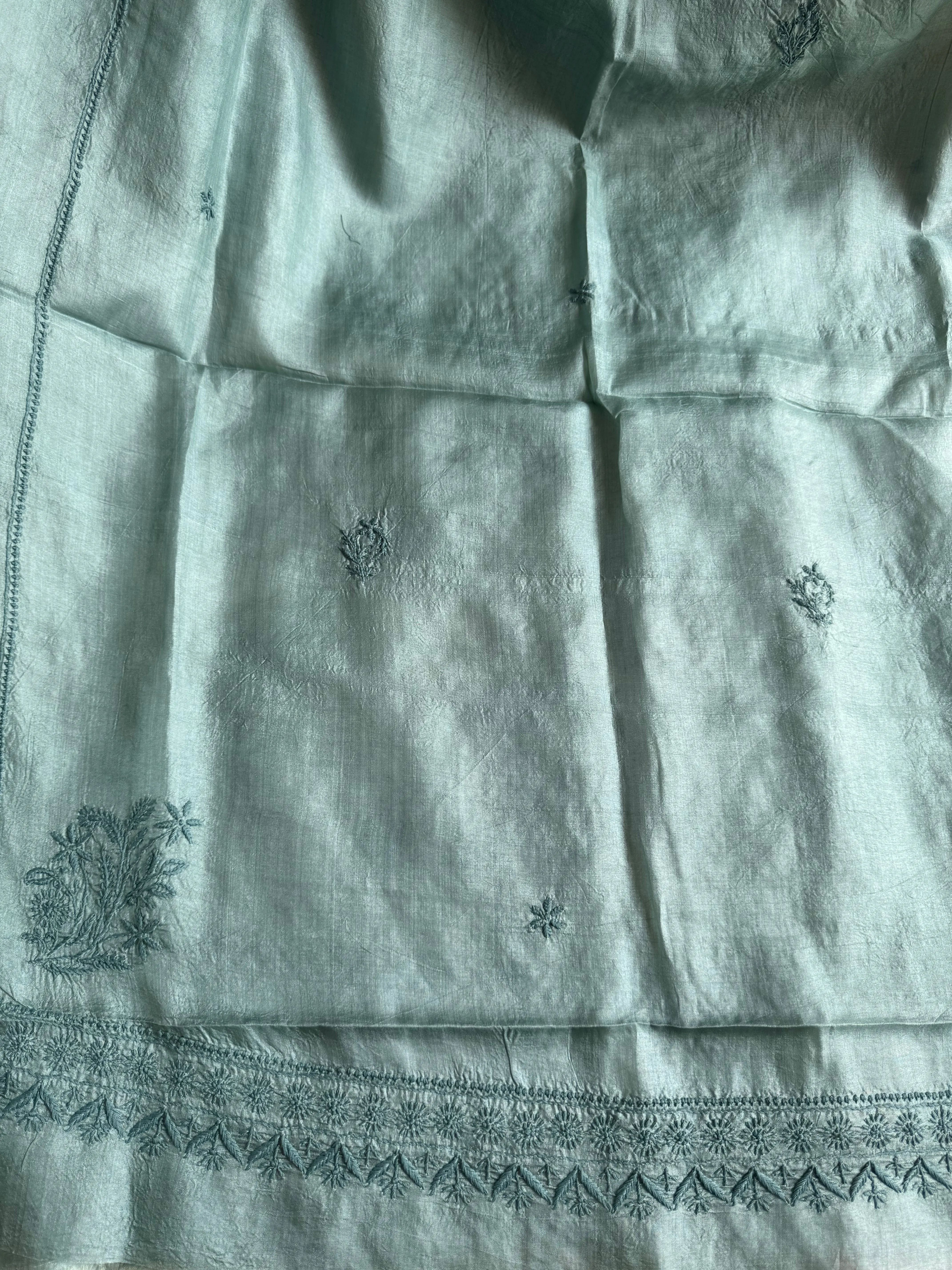 Pure Tussar Silk Chikankari Length with Dupatta - Teal Green