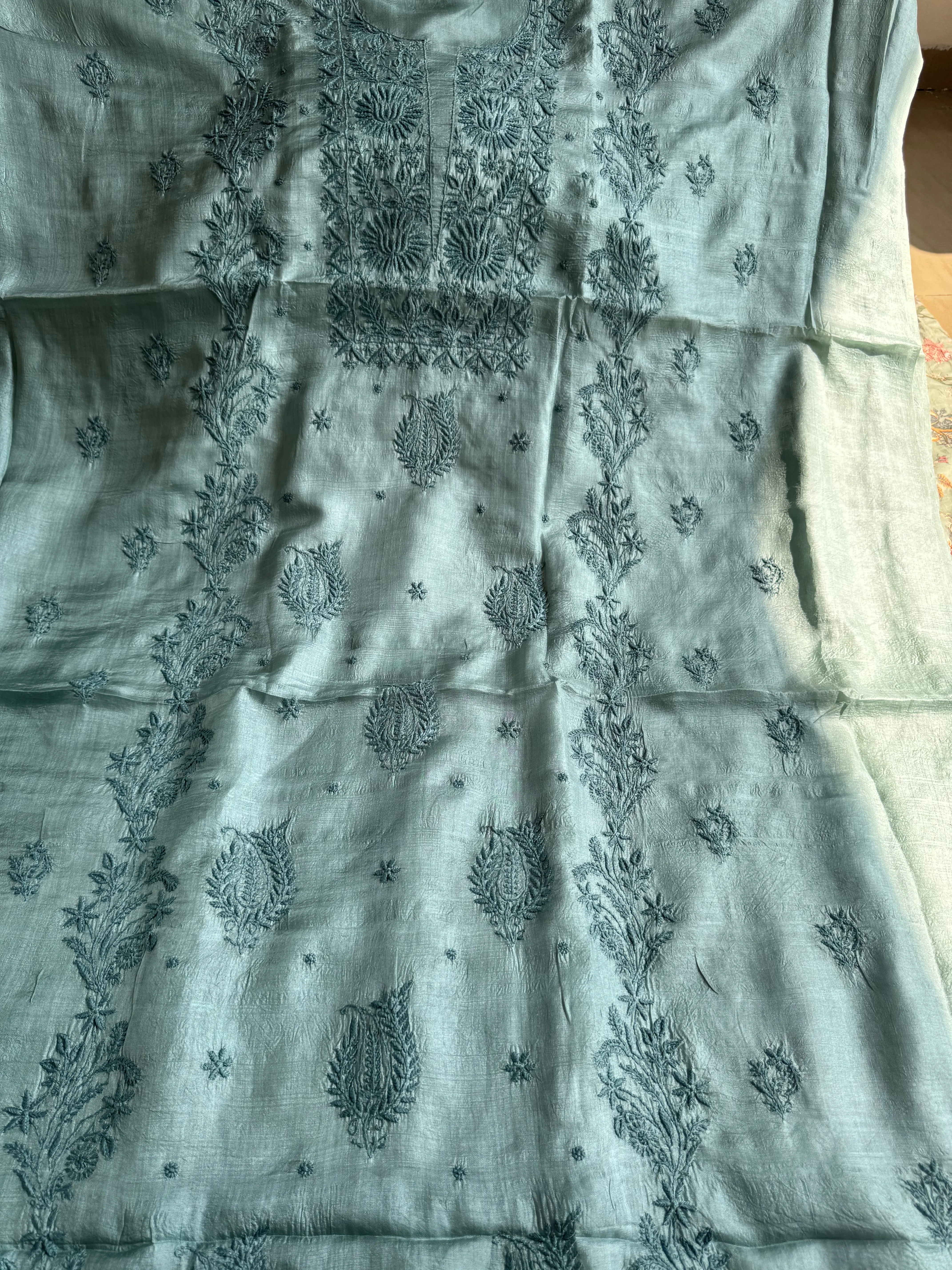 Pure Tussar Silk Chikankari Length with Dupatta - Teal Green