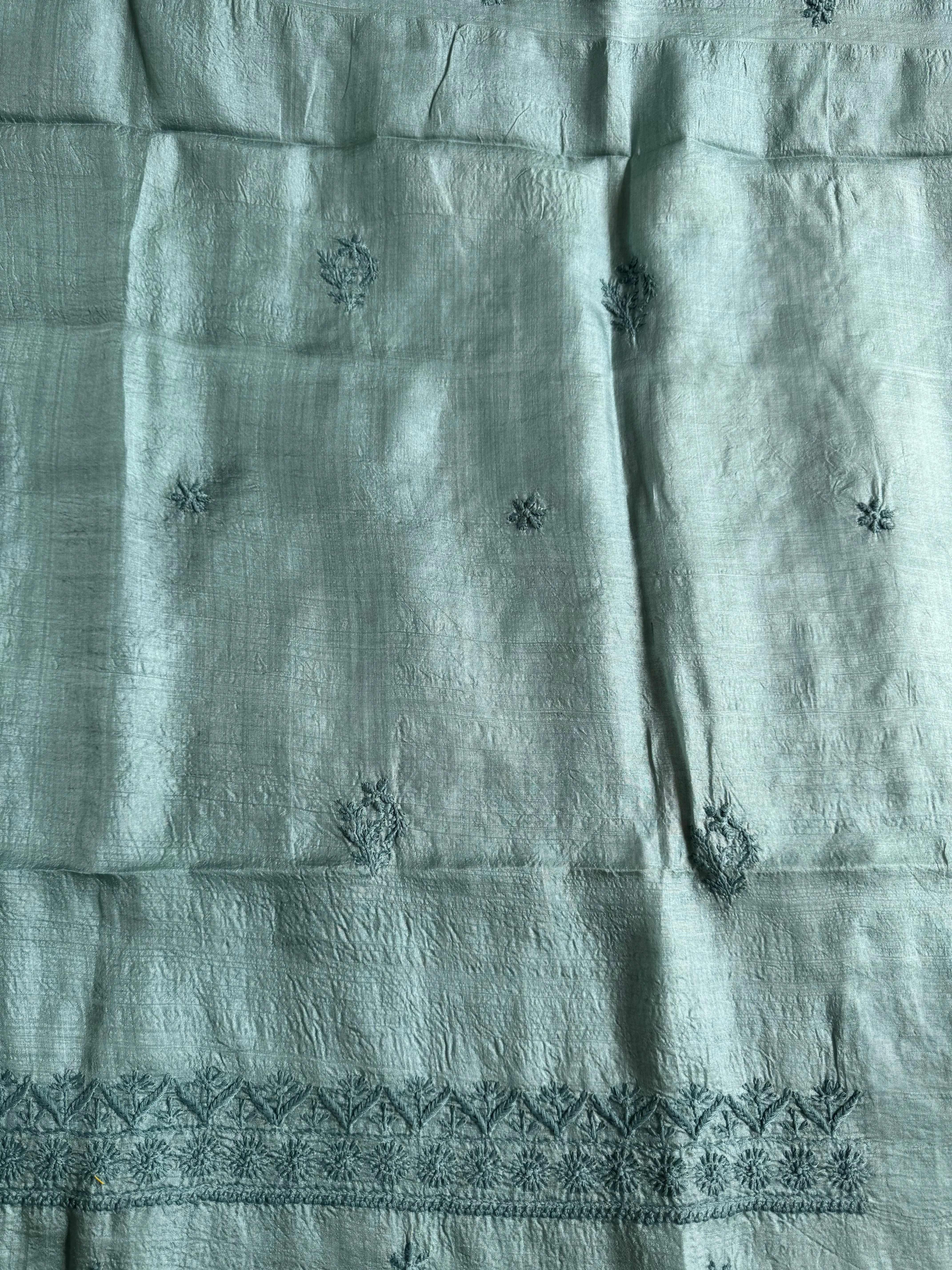 Pure Tussar Silk Chikankari Length with Dupatta - Teal Green