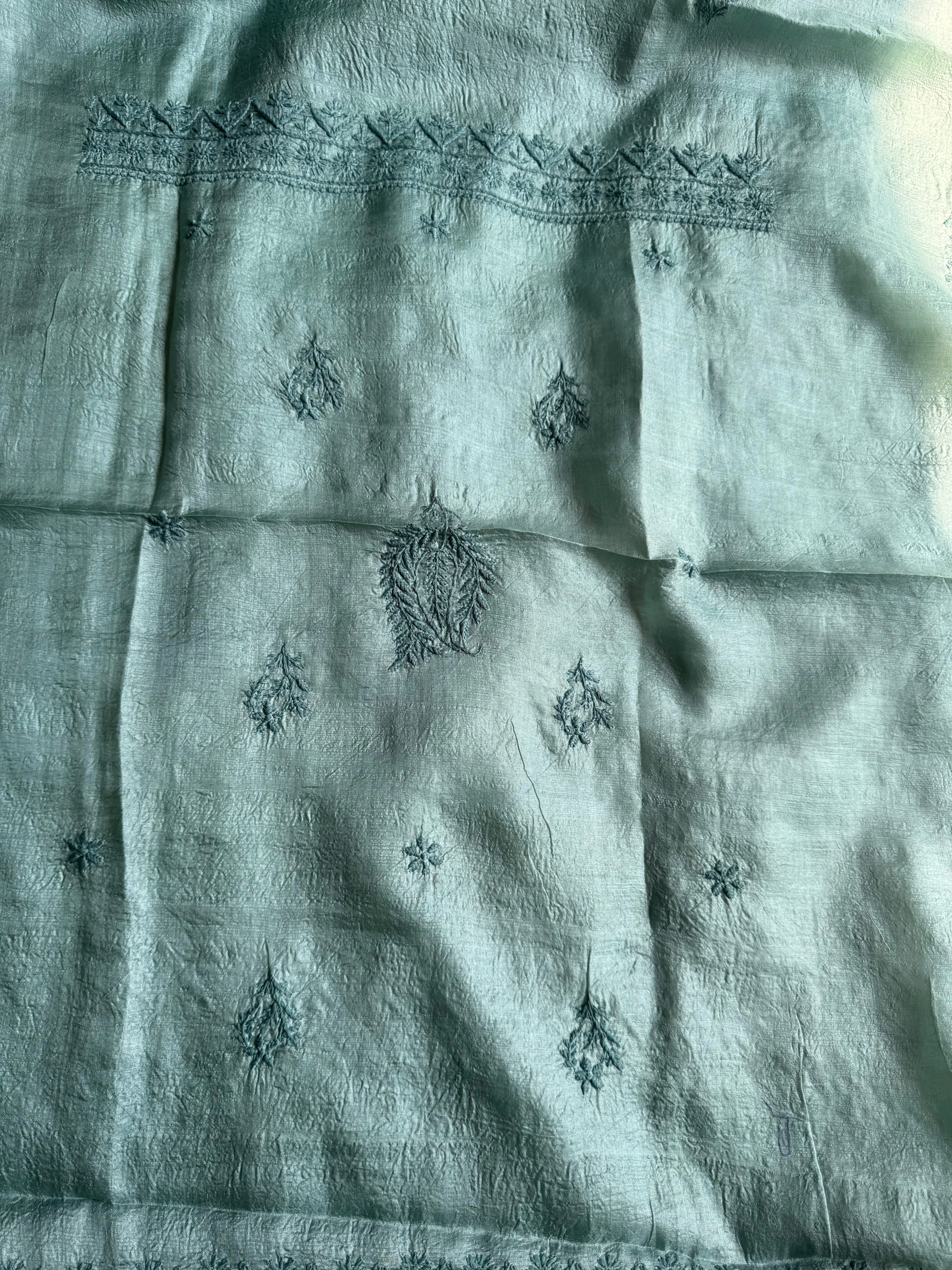 Pure Tussar Silk Chikankari Length with Dupatta - Teal Green