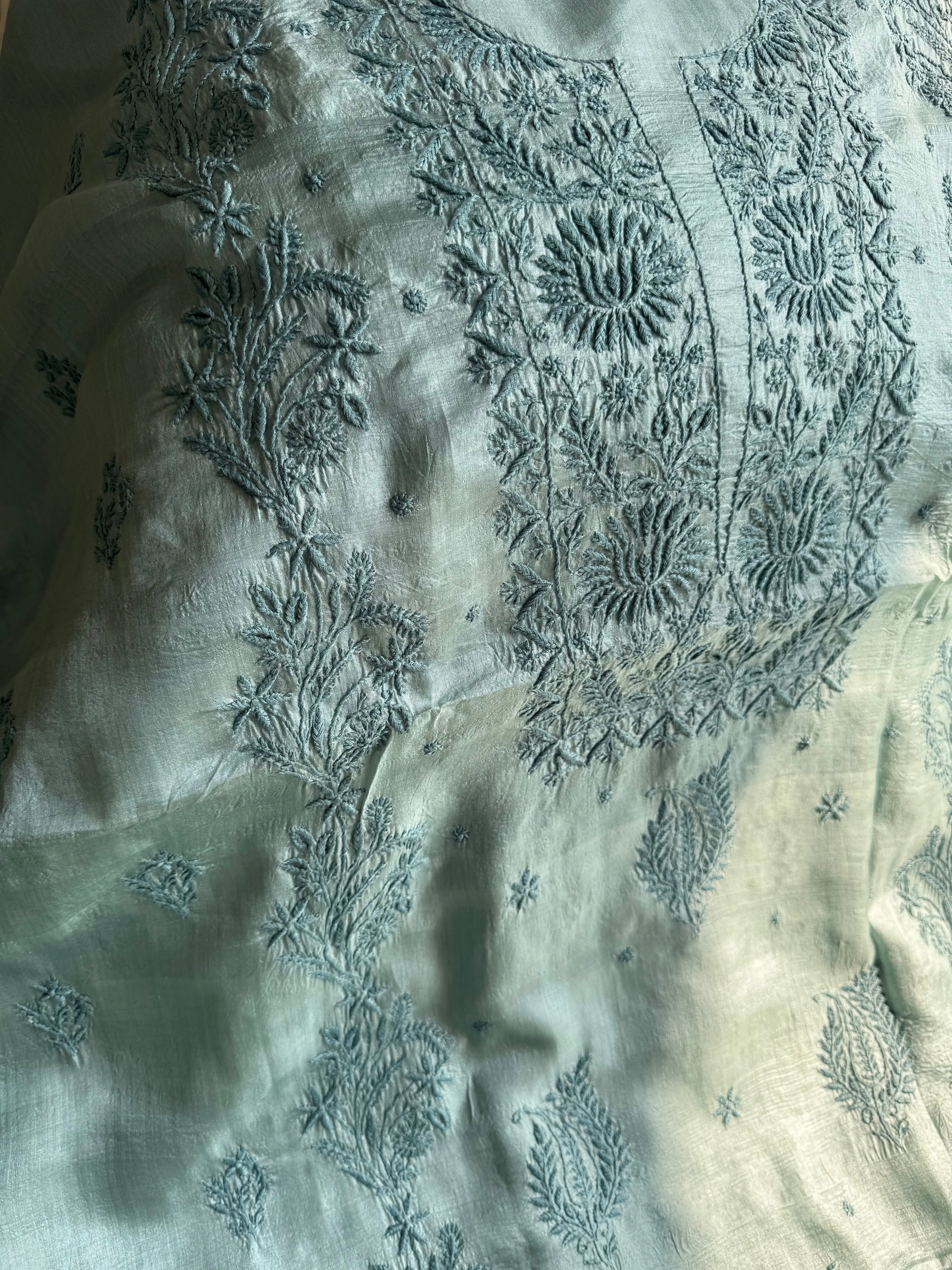 Pure Tussar Silk Chikankari Length with Dupatta - Teal Green