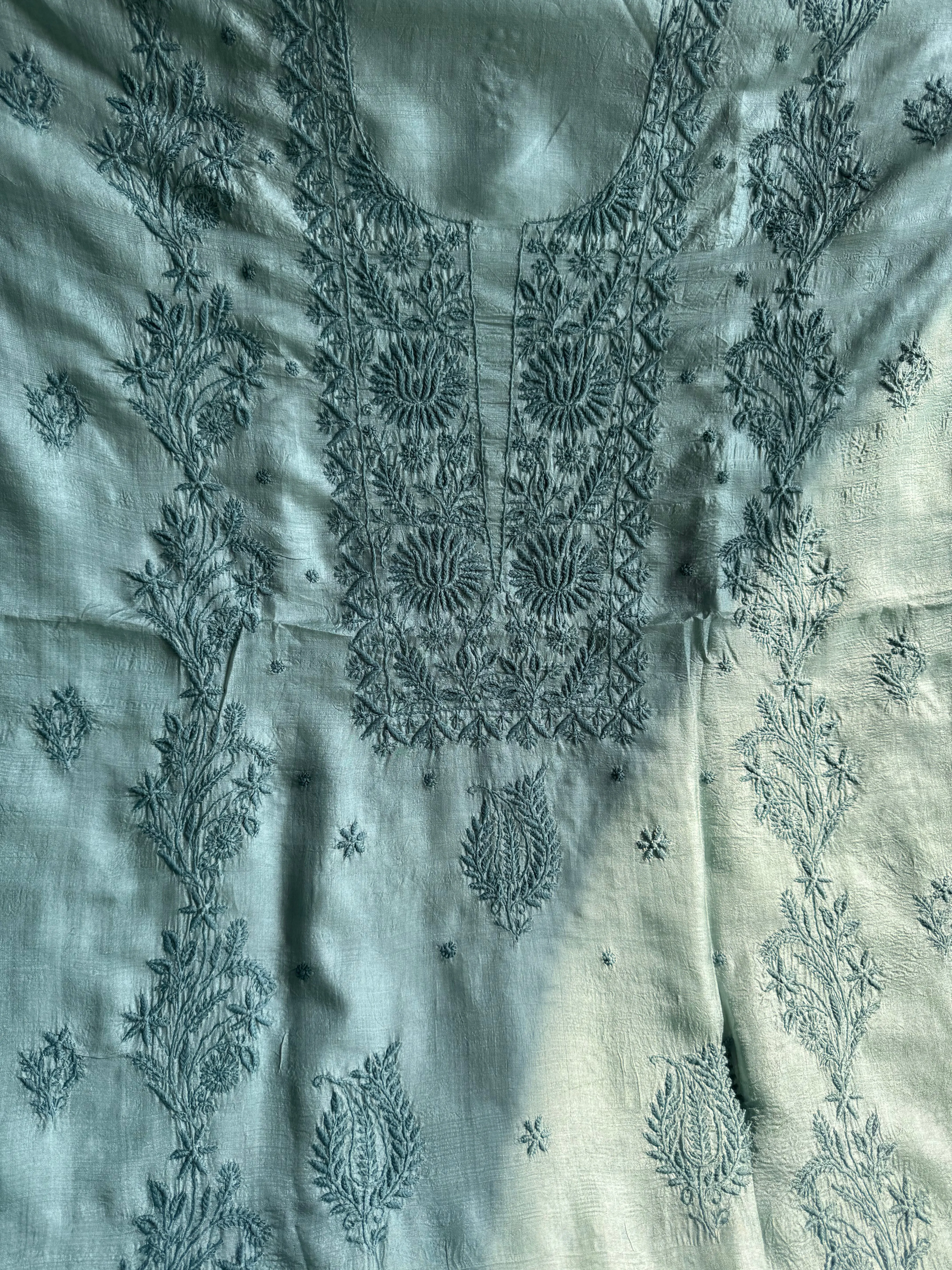 Pure Tussar Silk Chikankari Length with Dupatta - Teal Green