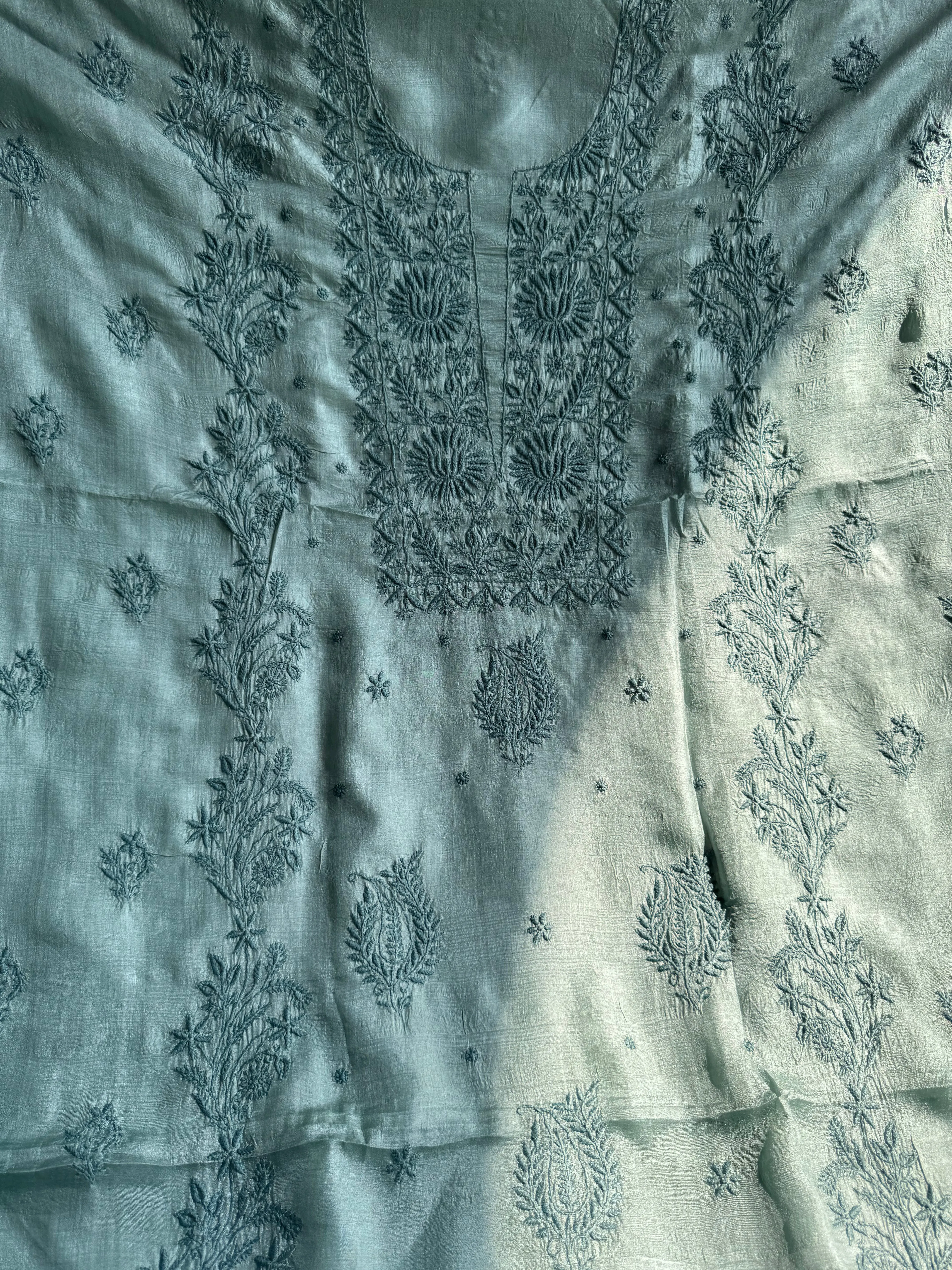Pure Tussar Silk Chikankari Length with Dupatta - Teal Green
