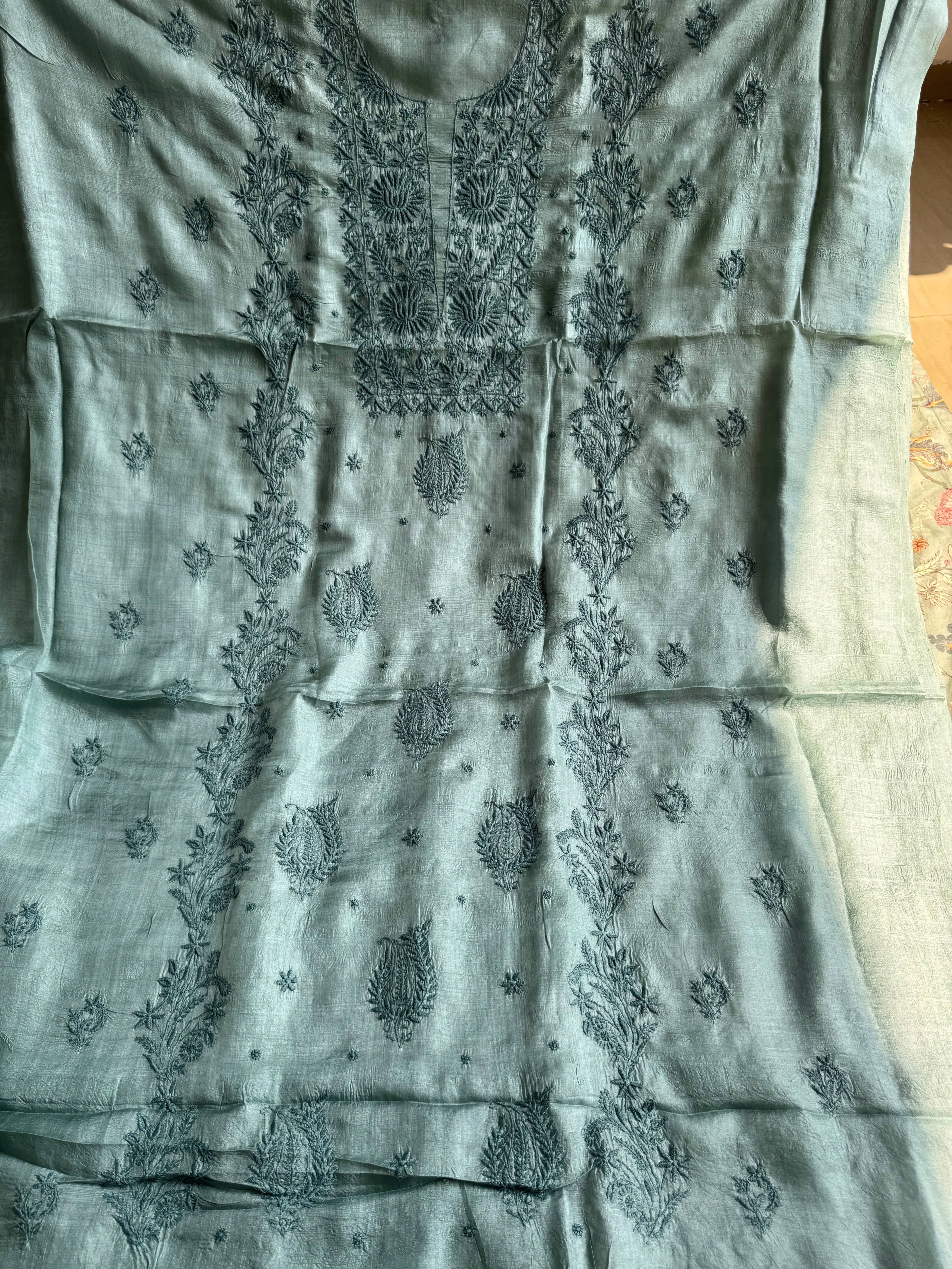 Pure Tussar Silk Chikankari Length with Dupatta - Teal Green