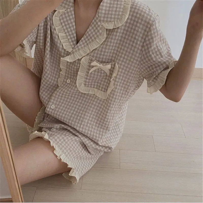 Purpdrank - Korean Pajama for Women Summer Loungewear Sleepwear Sets Girls Sweet Plaid Lapel Pyjama Kawaii Ruffle Pijama Japanese Home Suit