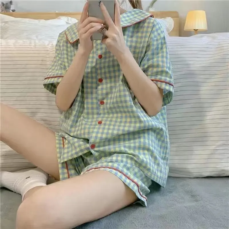 Purpdrank - Korean Pajama for Women Summer Loungewear Sleepwear Sets Girls Sweet Plaid Lapel Pyjama Kawaii Ruffle Pijama Japanese Home Suit