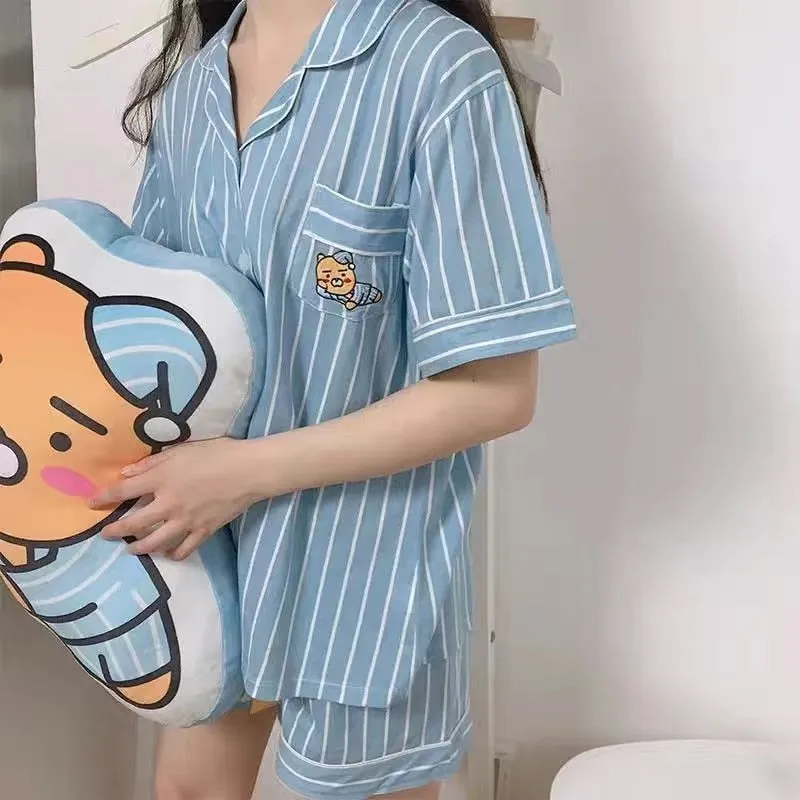 Purpdrank - Korean Pajama for Women Summer Loungewear Sleepwear Sets Girls Sweet Plaid Lapel Pyjama Kawaii Ruffle Pijama Japanese Home Suit